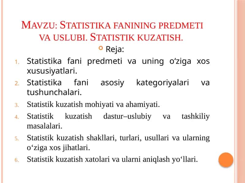 Statistikafanining predmeti va uslubi