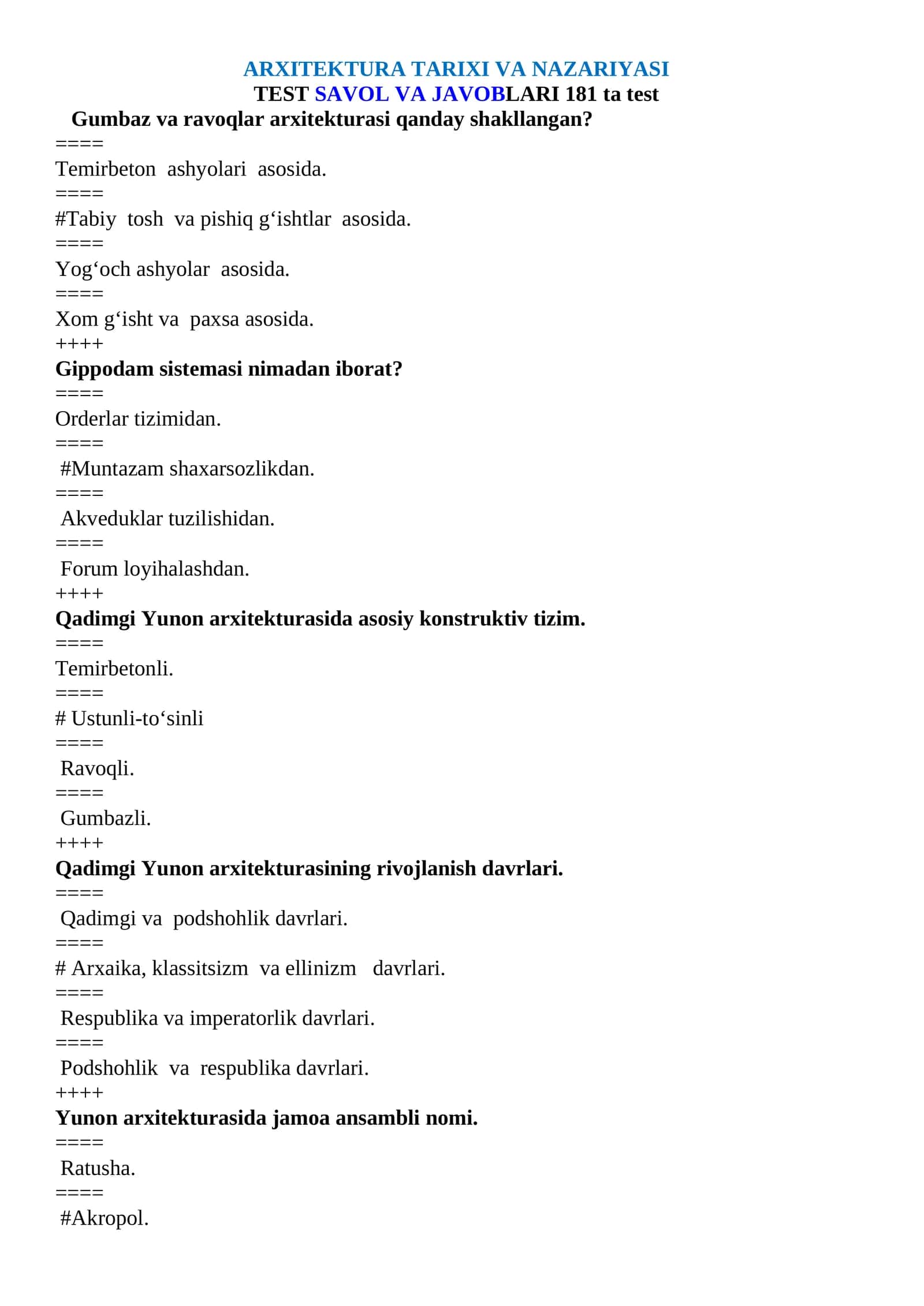 ARXITEKTURA TARIXI VA NAZARIYASI TEST SAVOL VA JAVOBLARI 181 ta test