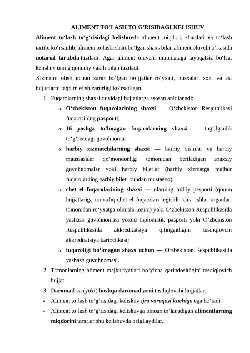 ALIMENT TO’LASH TO'G'RISIDAGI KELISHUV