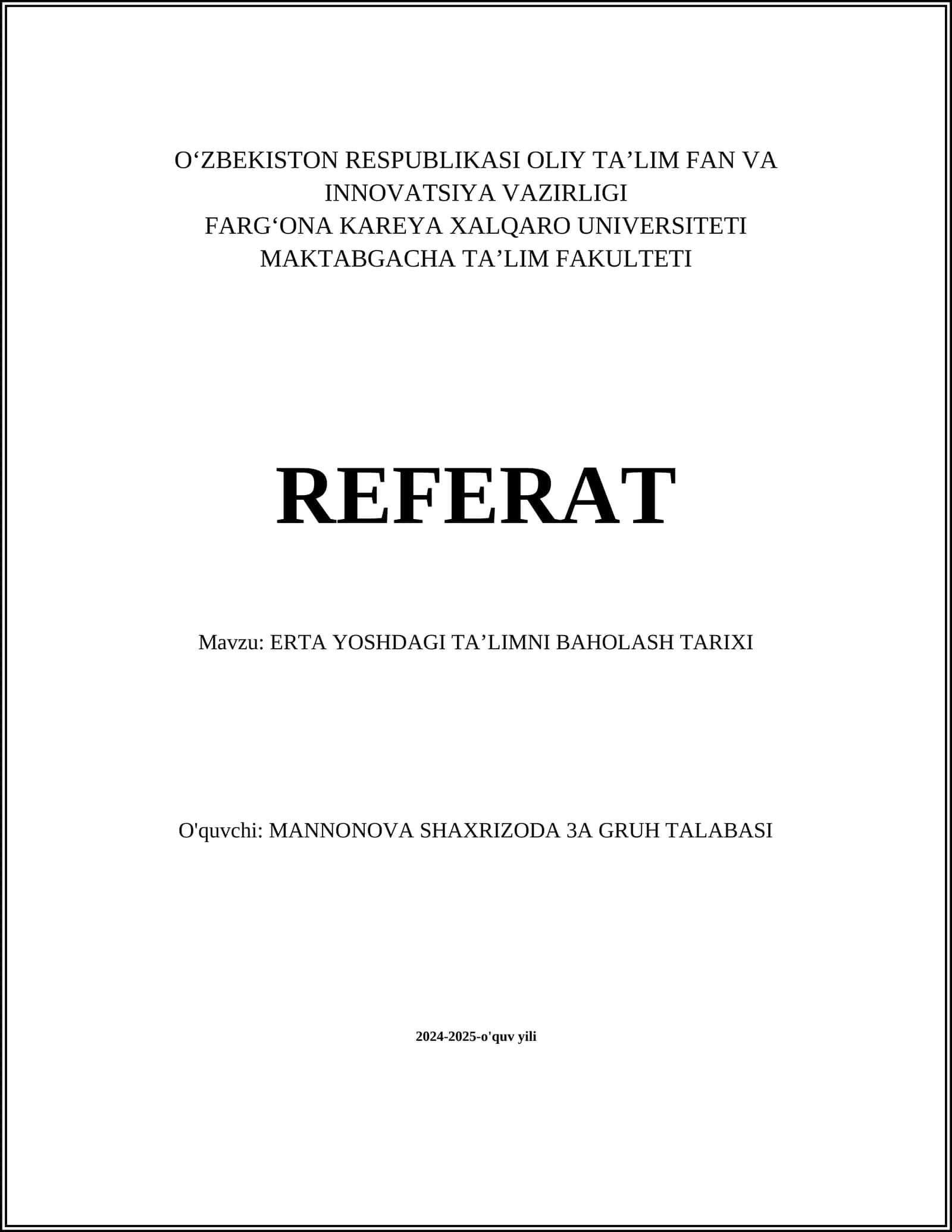 ERTA YOSHDAGI TAʼLIMNI BAHOLASH TARIXI