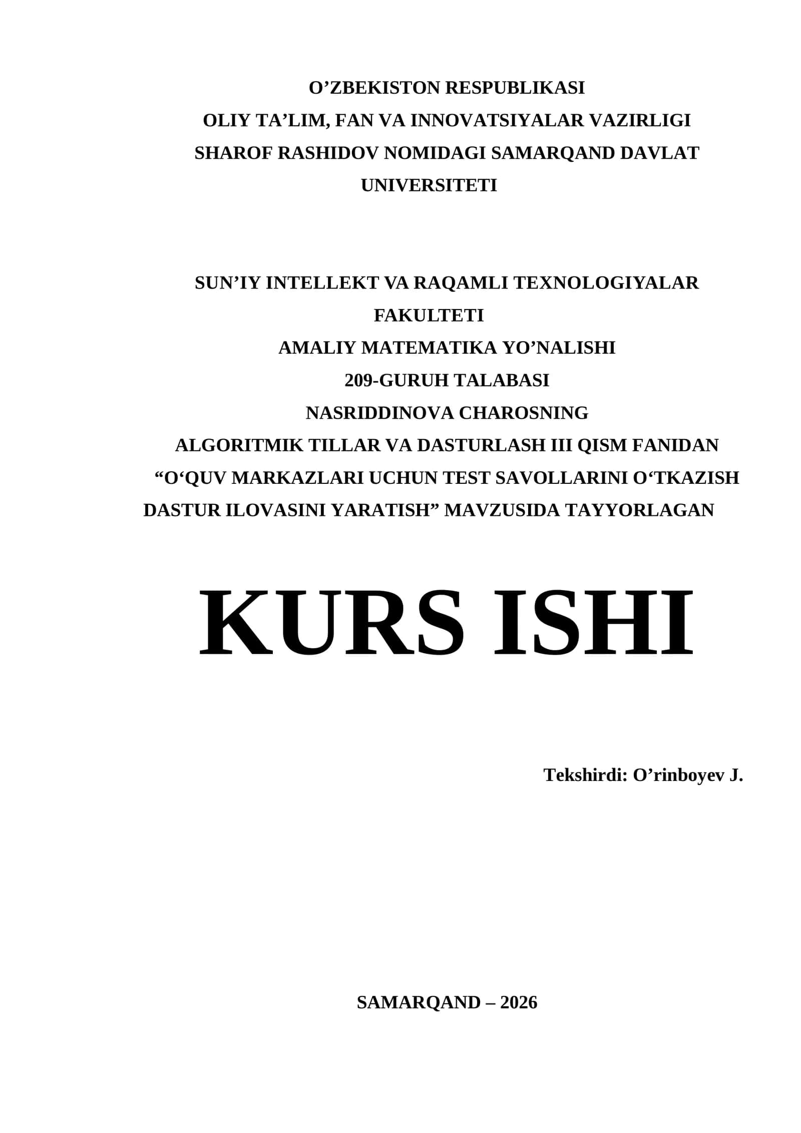 Visual Studio da Kurs ishi - OʻQUV MARKAZLARI UCHUN TEST SAVOLLARINI OʻTKAZISH DASTUR ILOVASINI YARATISH
