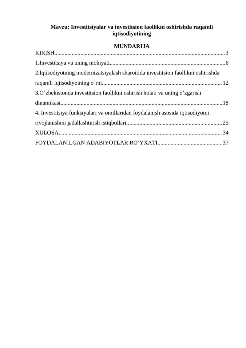 Investitsiyalar va investitsion faollikni oshirishda raqamli iqtisodiyotining