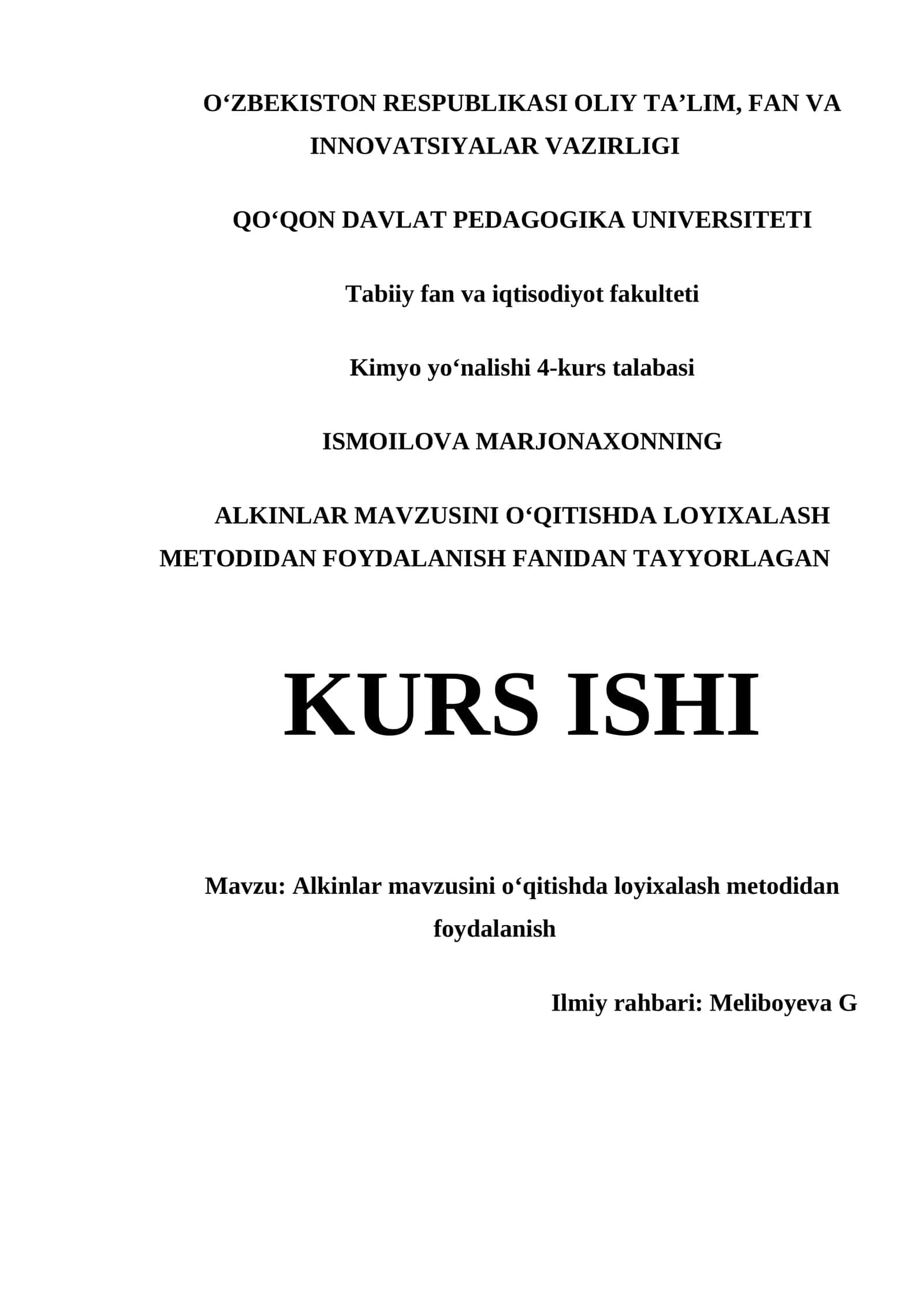 Alkinlar mavzusini oʻqitishda loyixalash metodidan foydalanish kurs ishi