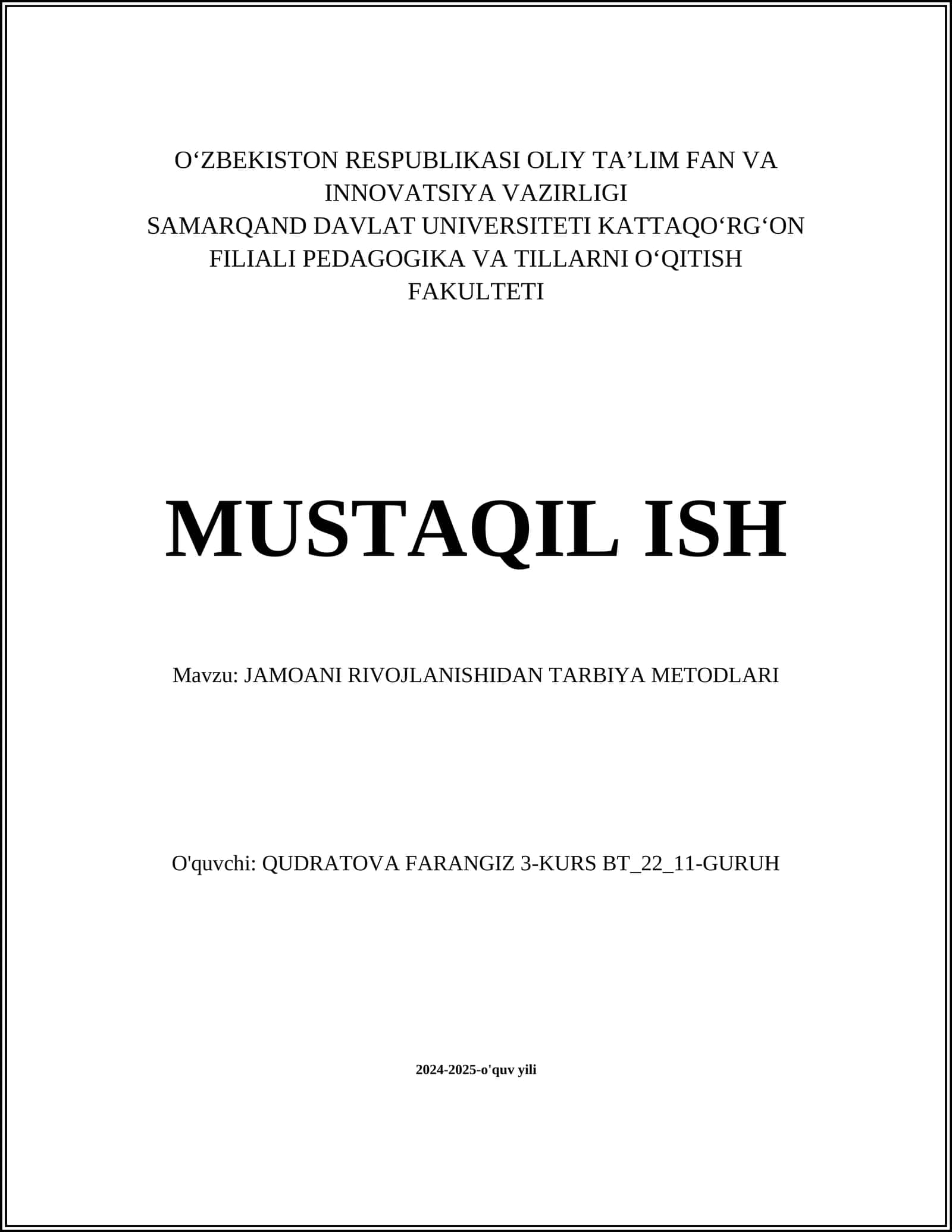 JAMOANI RIVOJLANISHIDAN TARBIYA METODLARI