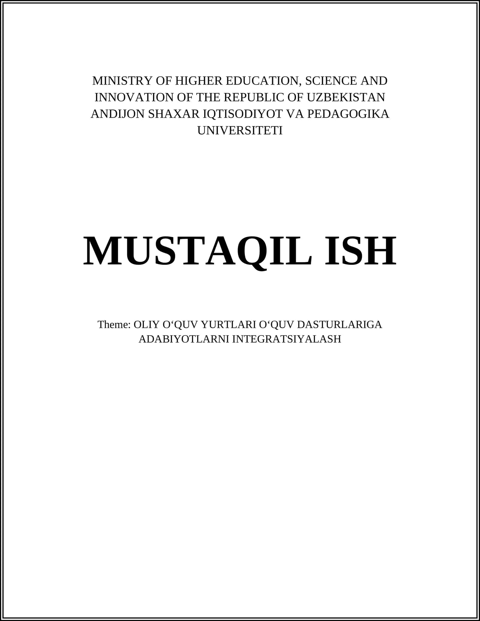 OLIY OʻQUV YURTLARI OʻQUV DASTURLARIGA ADABIYOTLARNI INTEGRATSIYALASH