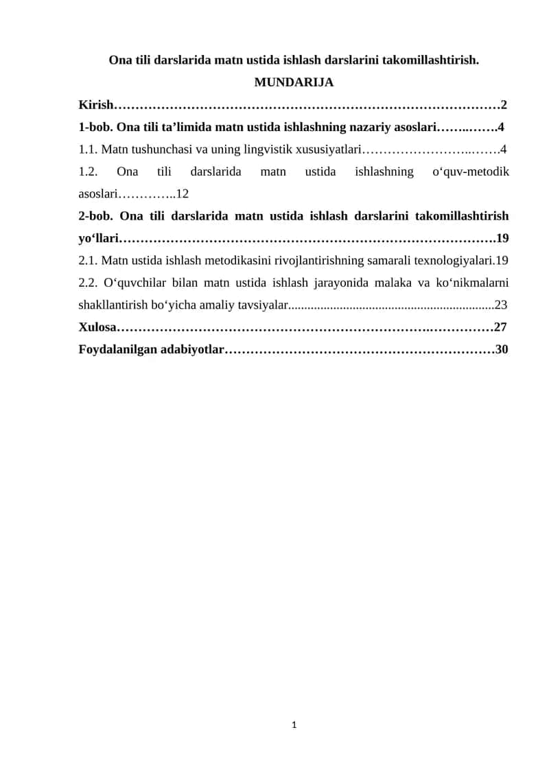 Ona tili darslarida matn ustida ishlash darslarini takomillashtirish