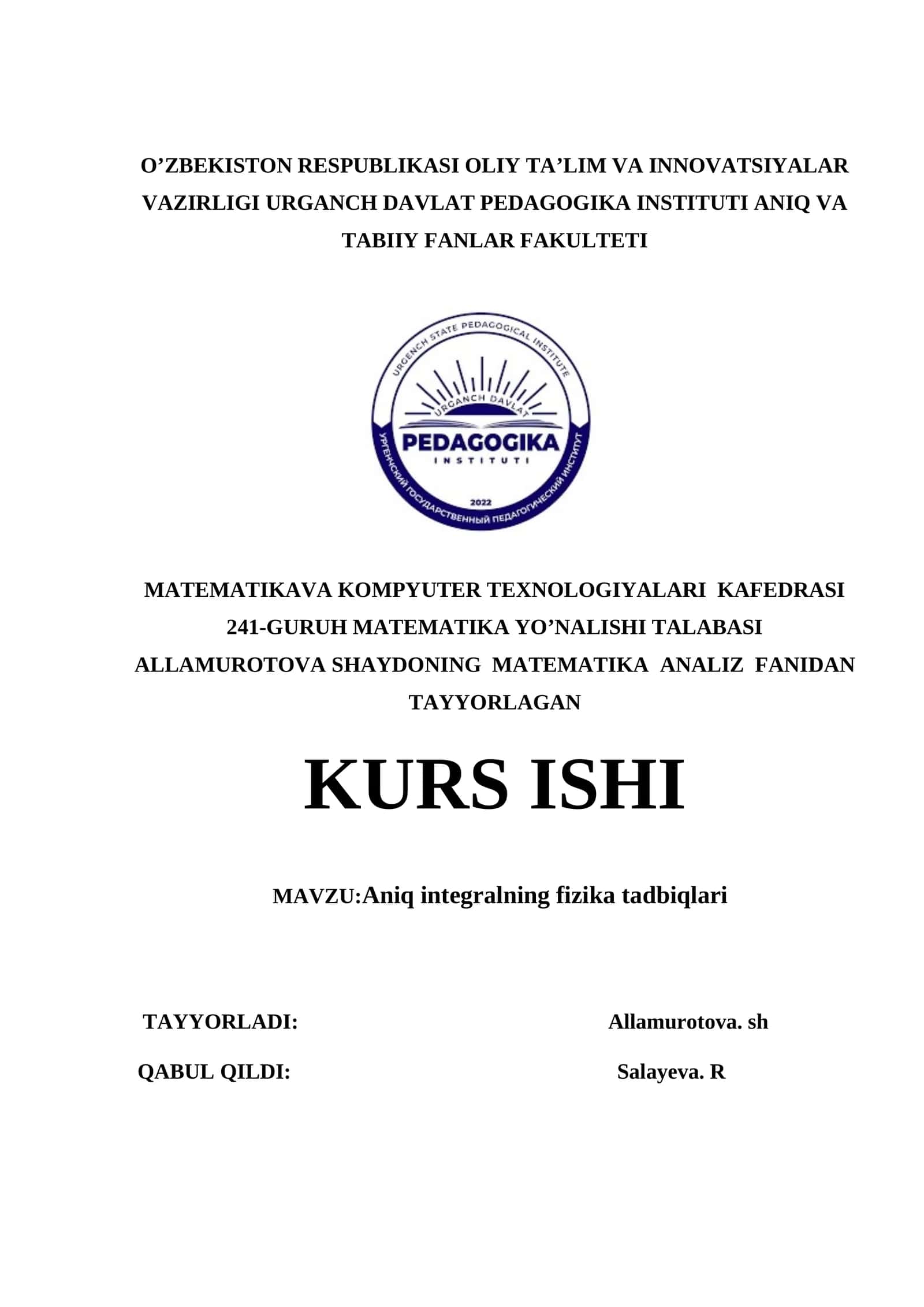 Aniq integralning fizika tadbiqlari