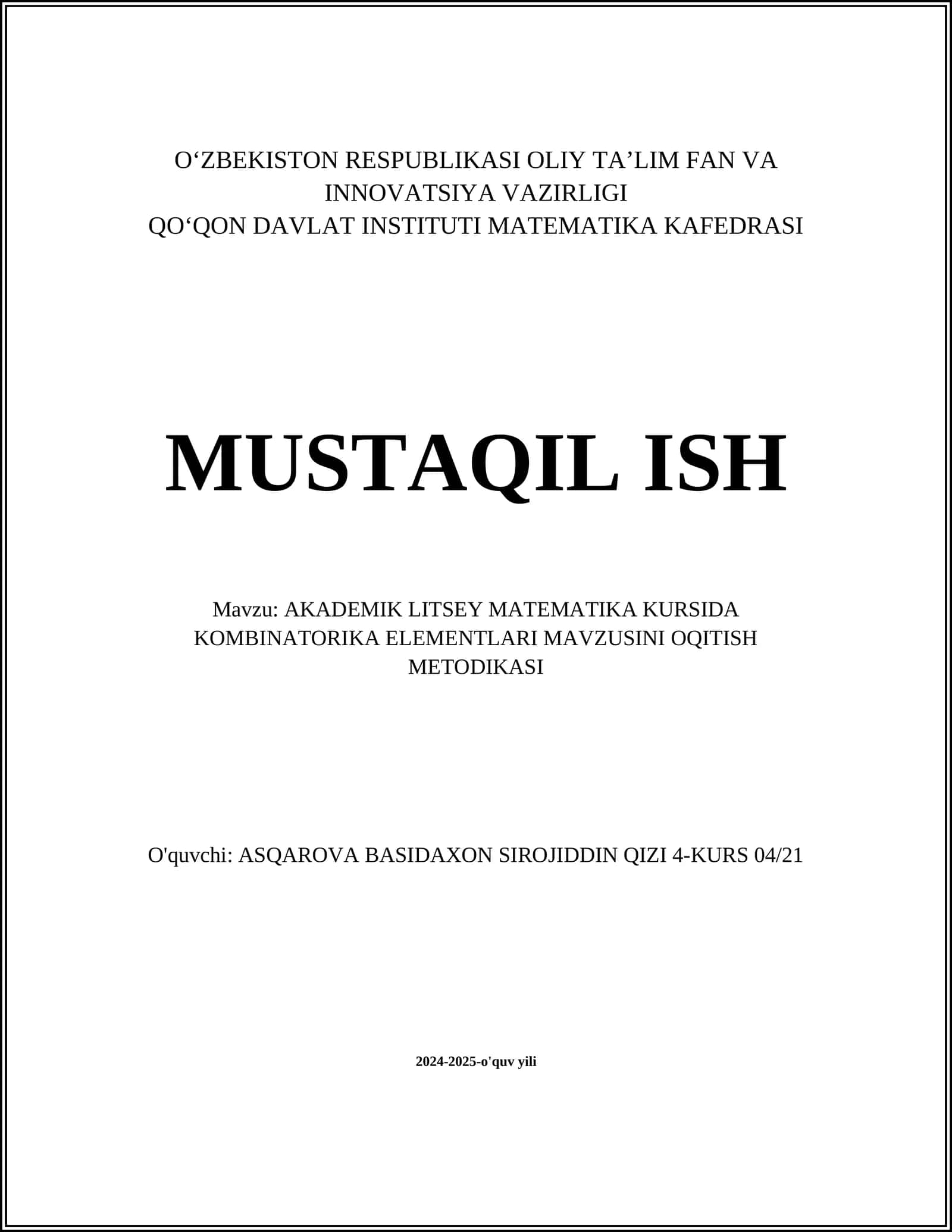 AKADEMIK LITSEY MATEMATIKA KURSIDA KOMBINATORIKA ELEMENTLARI MAVZUSINI OQITISH METODIKASI