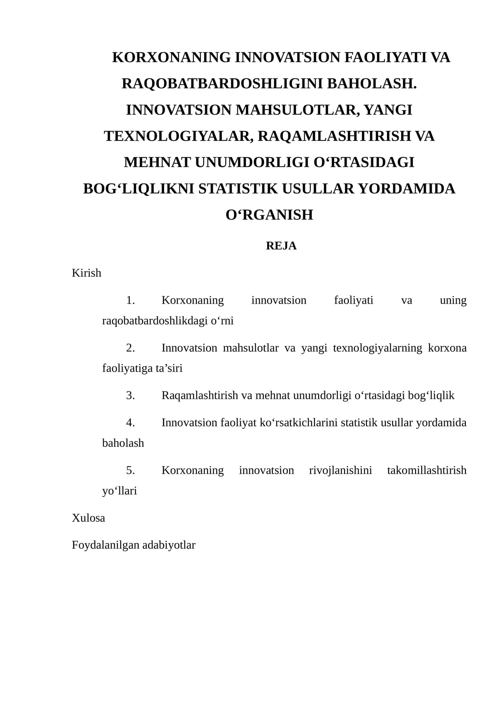 Korxonaning Innovatsion Faoliyati va Raqobatbardoshligini Baholash