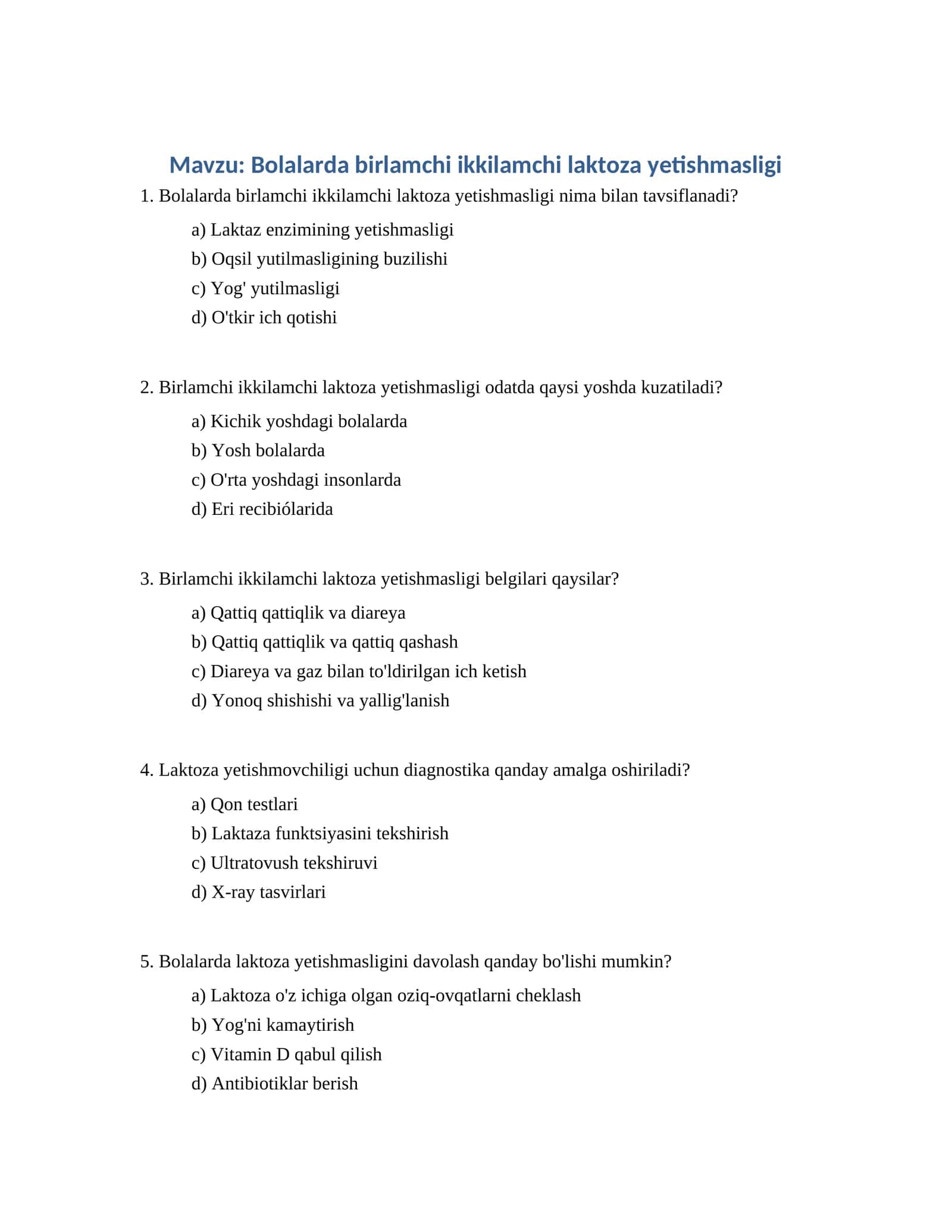 Bolalarda birlamchi ikkilamchi laktoza yetishmasligi