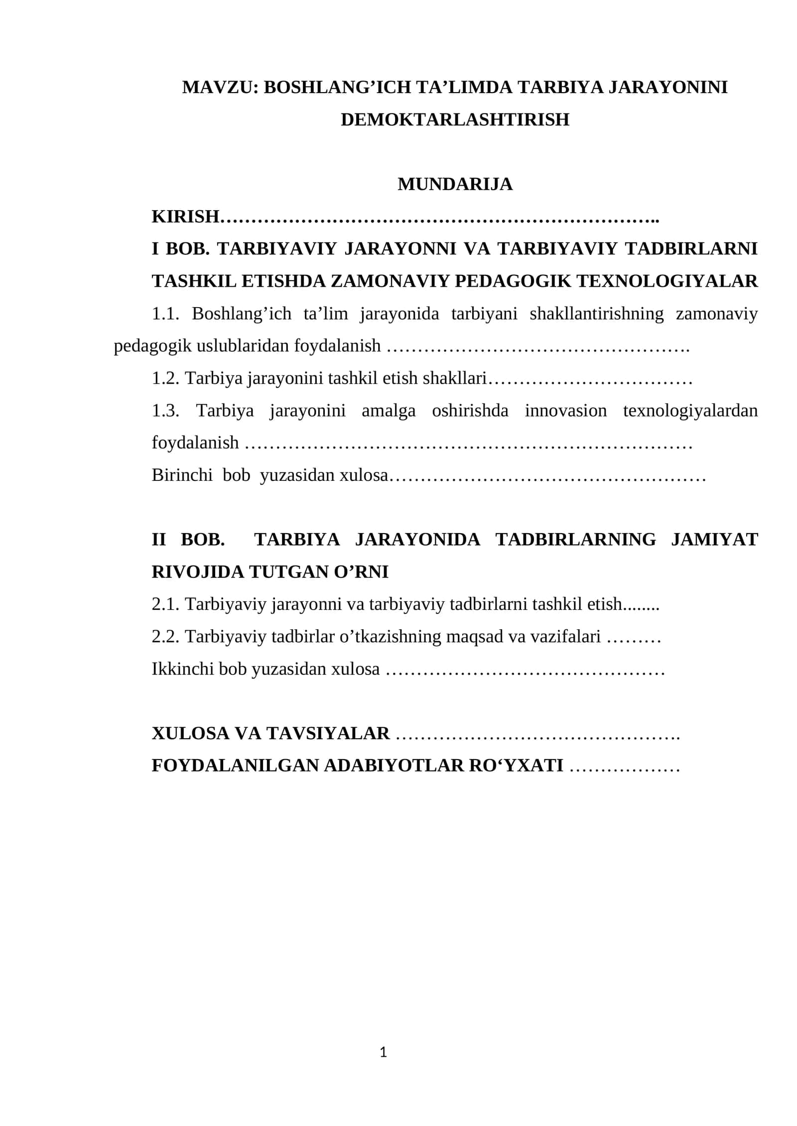 BOSHLANG’ICH TA’LIMDA TARBIYA JARAYONINI DEMOKTARLASHTIRISH