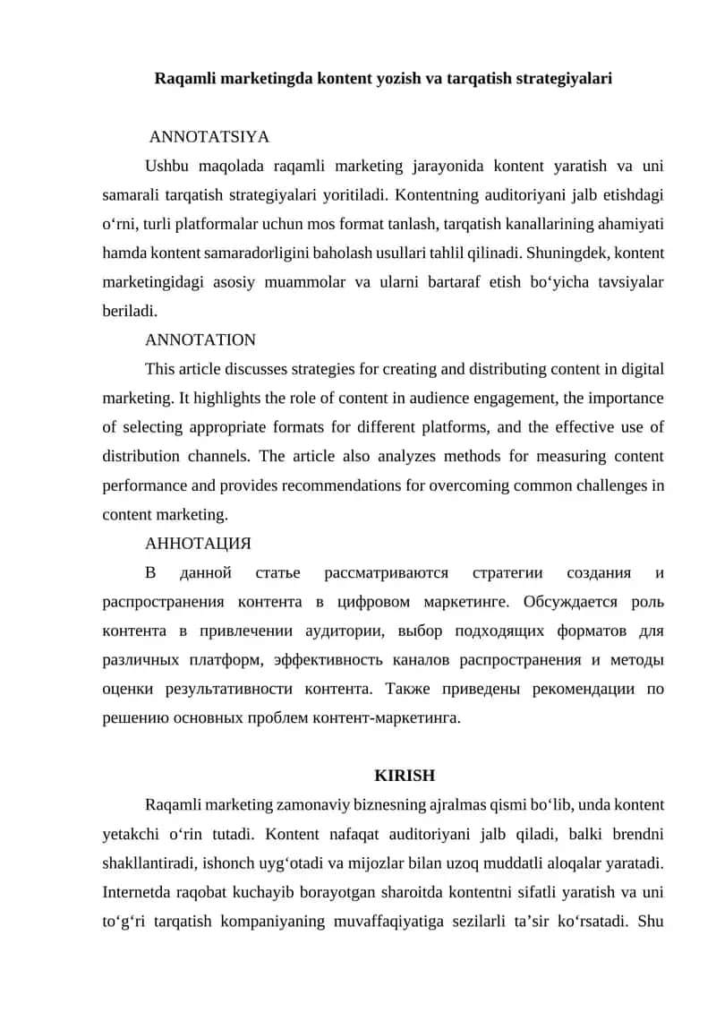Raqamli marketingda kontent yozish va tarqatish strategiyalari