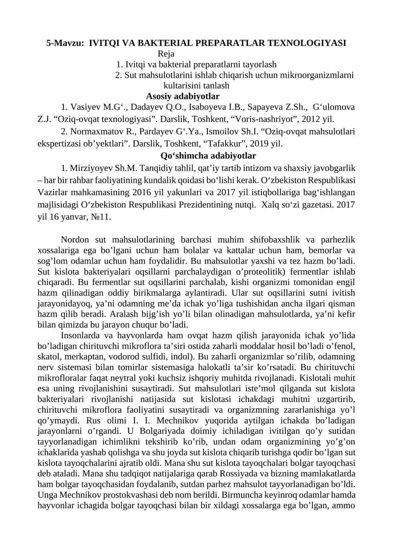 IVITQI VA BAKTERIAL PREPARATLAR TEXNOLOGIYASI