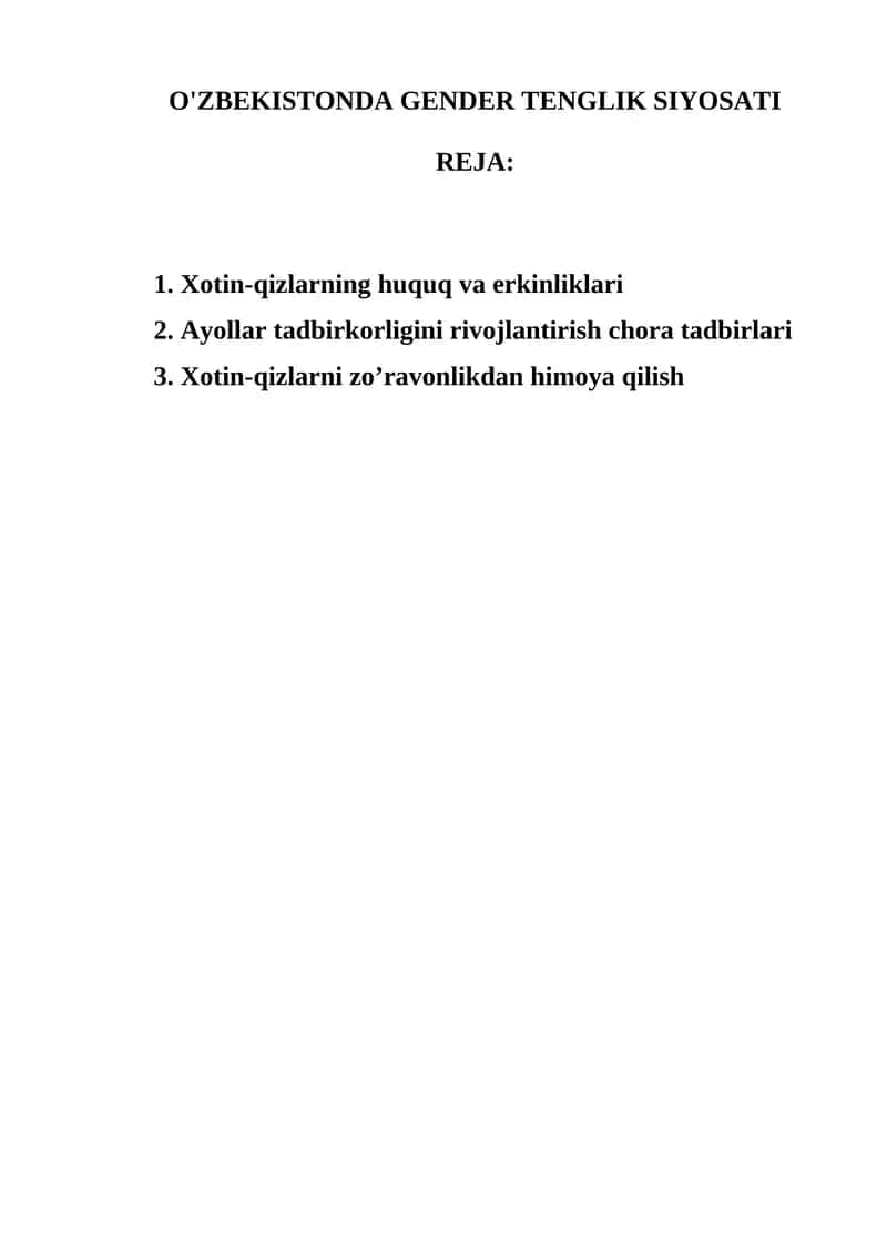 O'ZBEKISTONDA GENDER TENGLIK SIYOSATI
