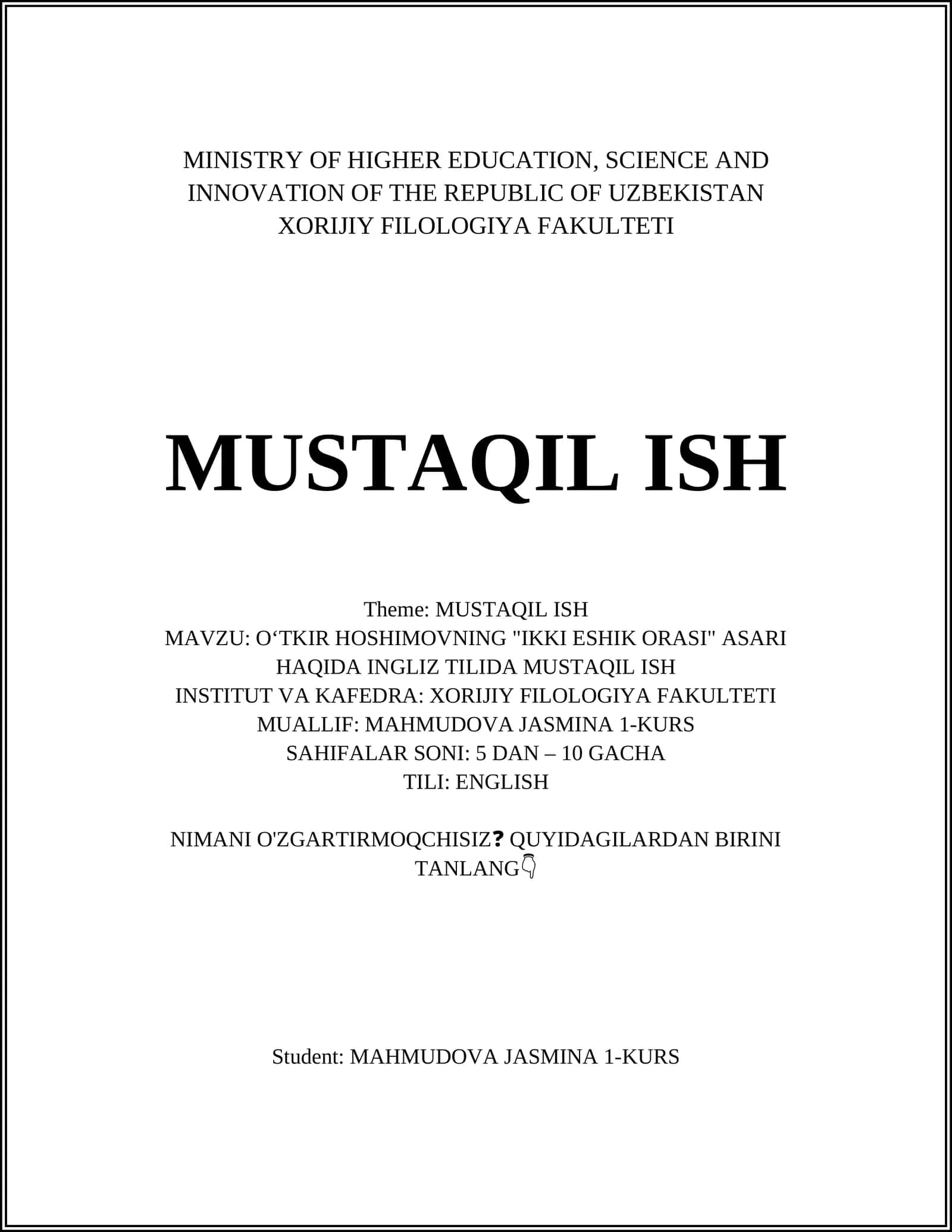 Oʻtkir Hoshimovning "Ikki Eshik Orasi" asari haqida ingliz tilida mustaqil ish