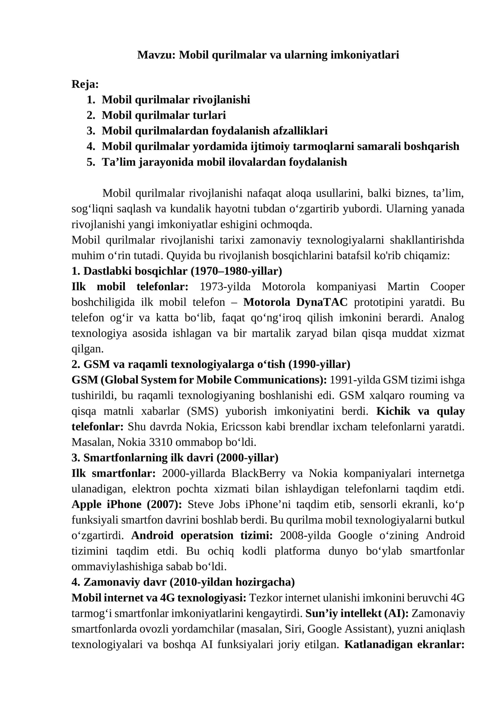 Mobil qurilmalar va ularning imkoniyatlari