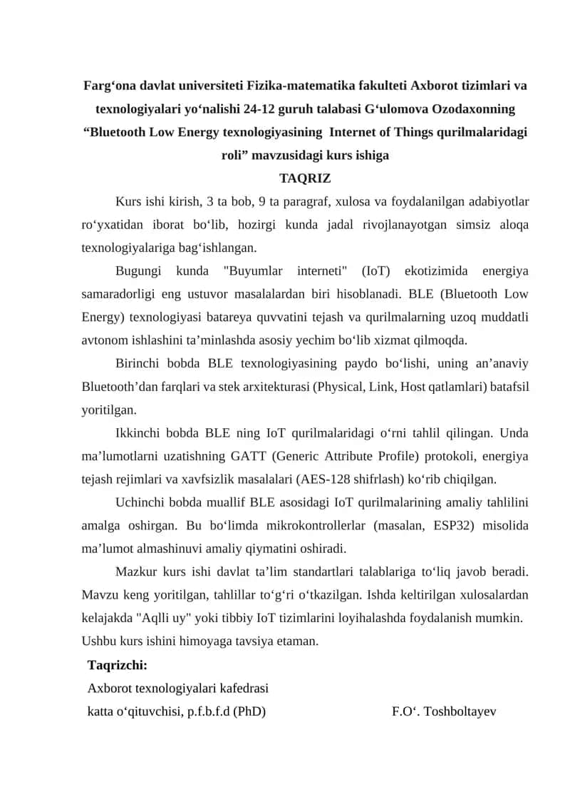 Bluetooth Low Energy texnologiyasining Internet of Things qurilmalaridagi roli