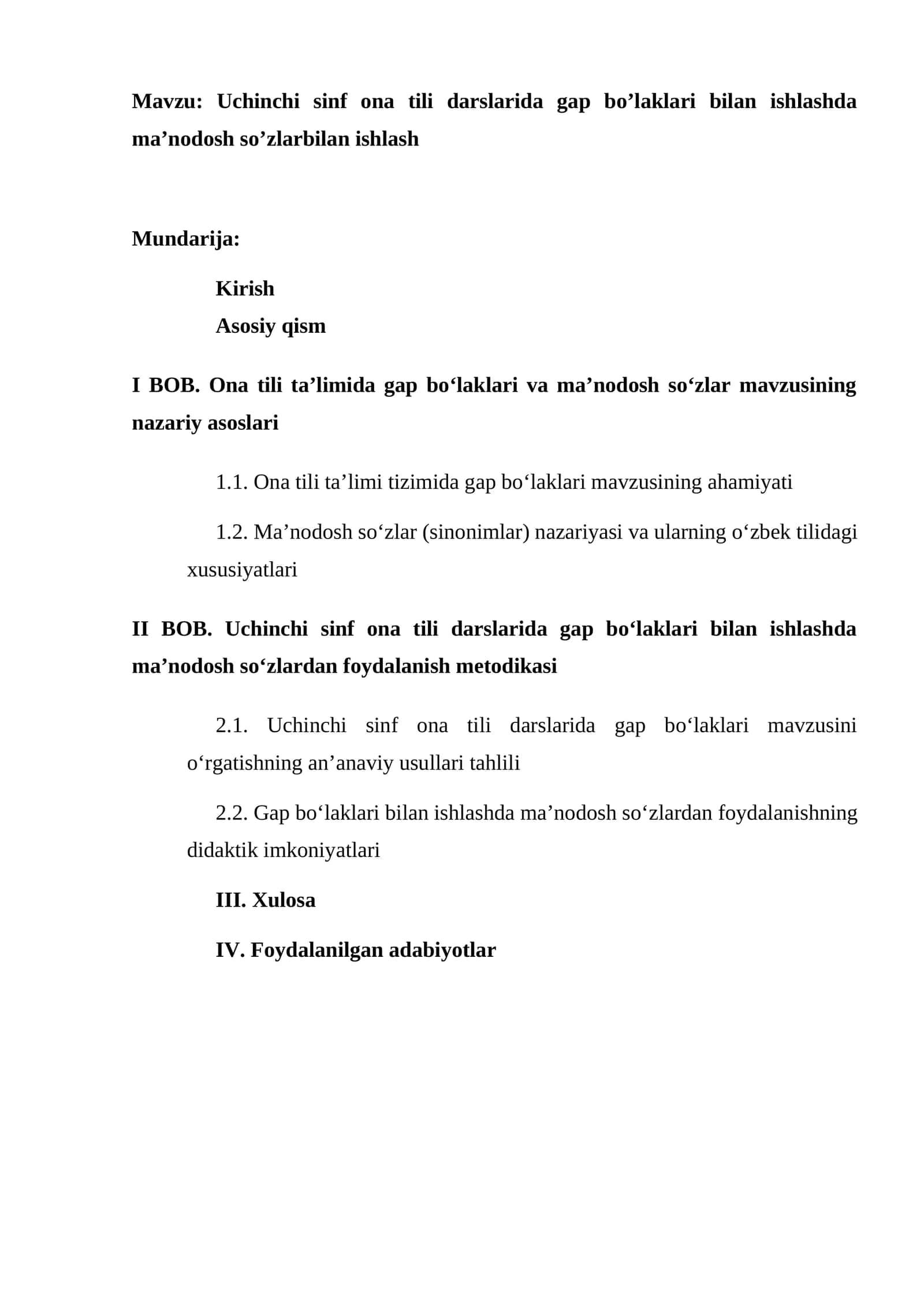 Uchinchi sinf ona tili darslarida gap bo’laklari bilan ishlashda ma’nodosh so’zlarbilan ishlash