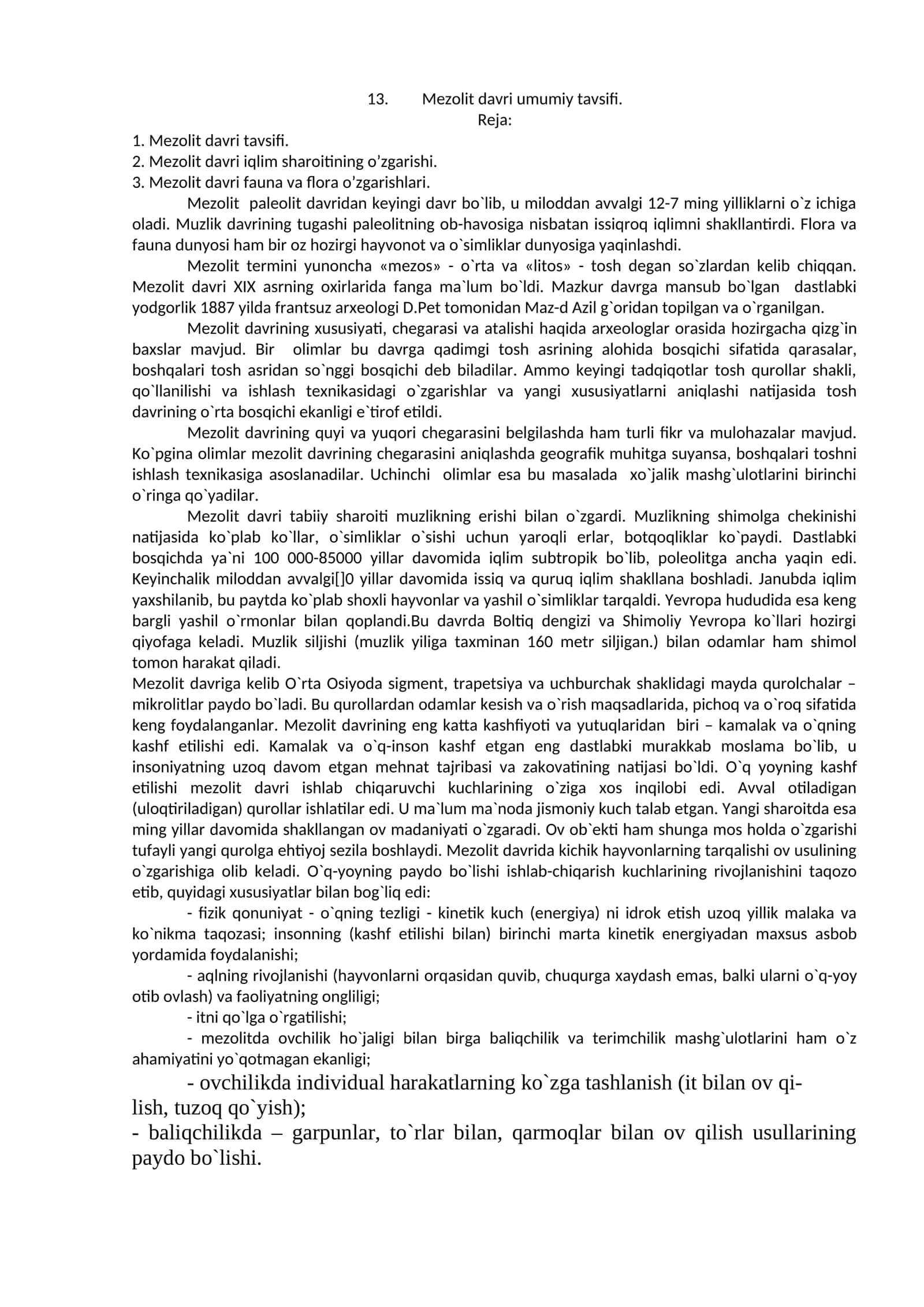 Mezolit davri umumiy tavsifi