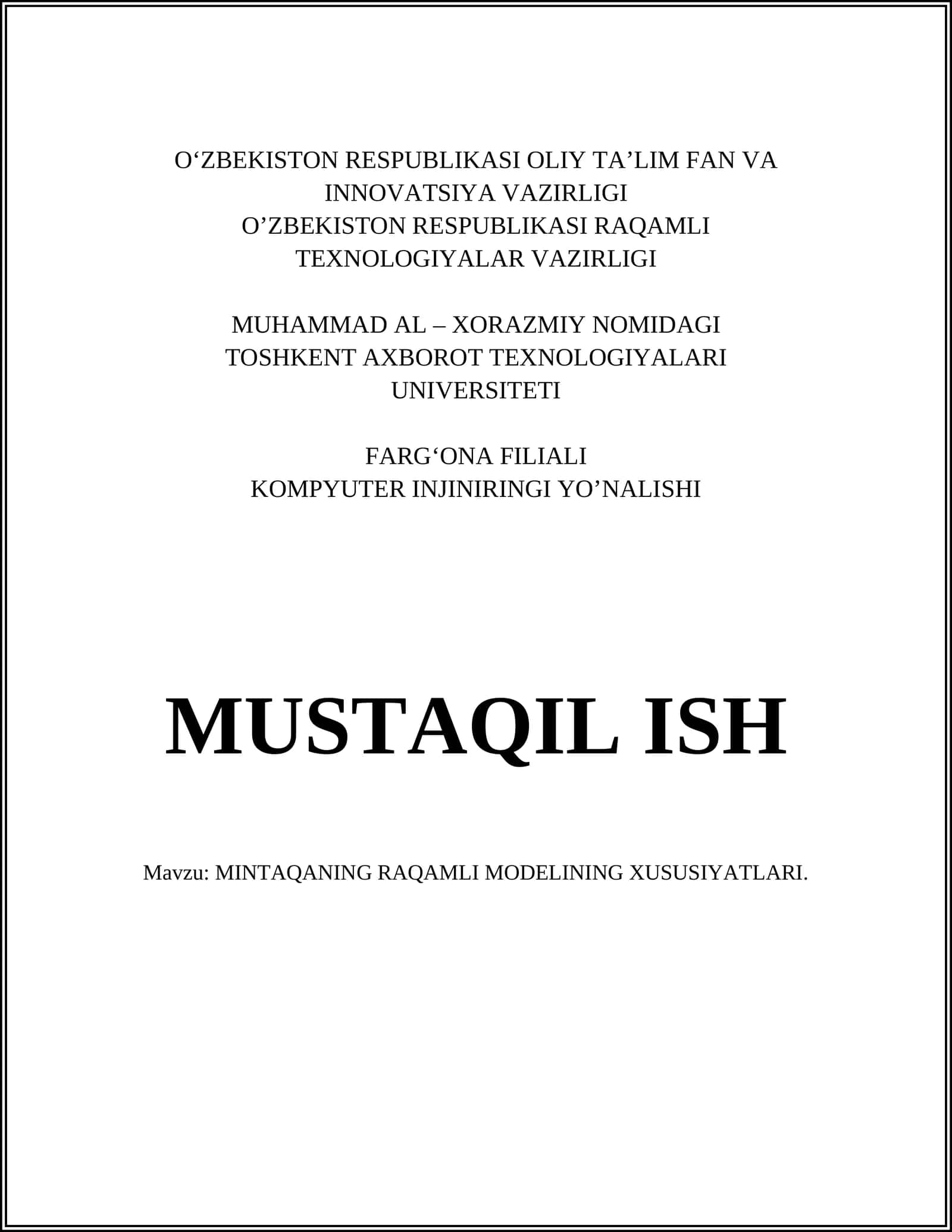 MINTAQANING RAQAMLI MODELINING XUSUSIYATLARI