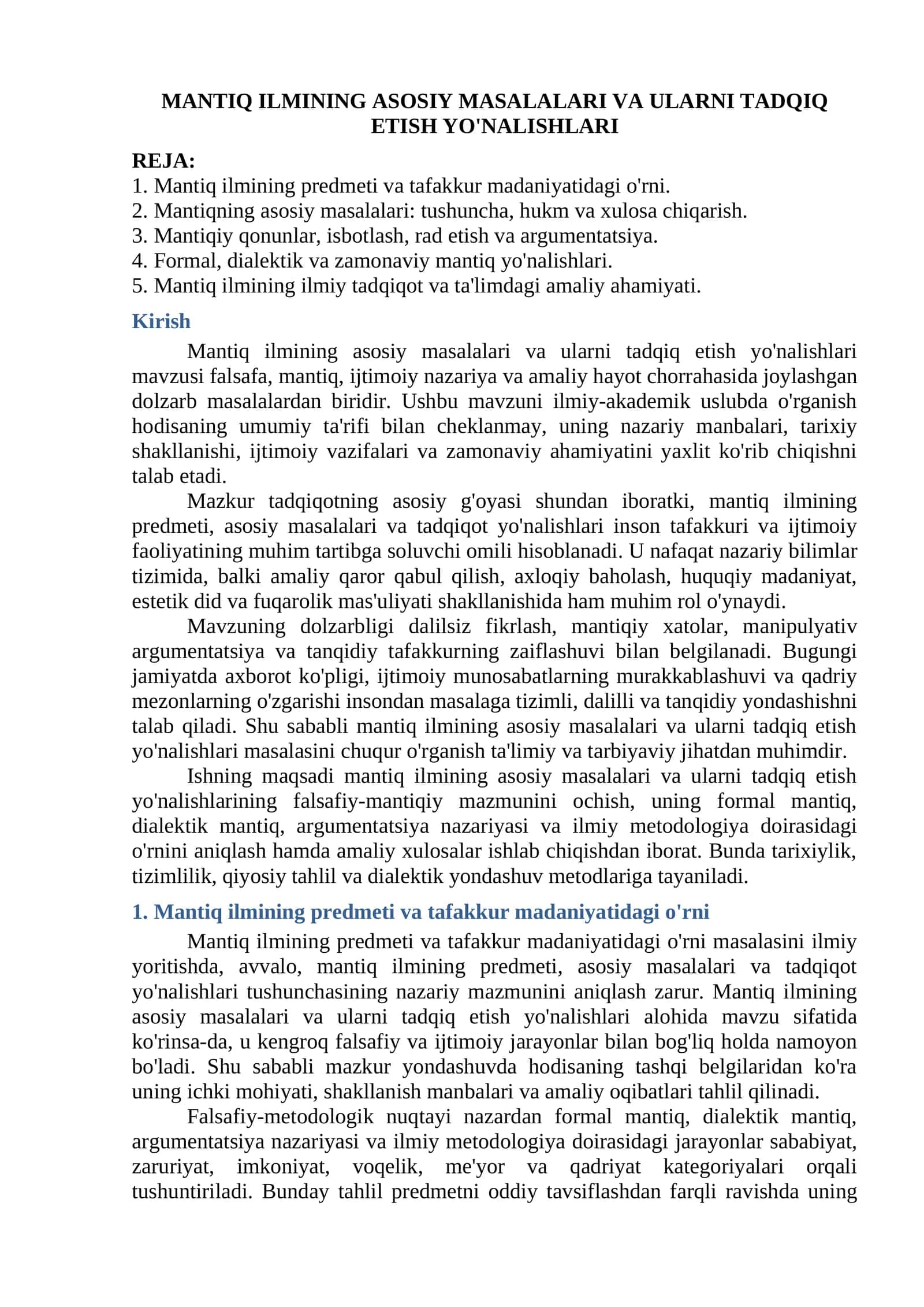 Mantiq ilmining asosiy masalalari va ularni tadqiq etish yo'nalishlari
