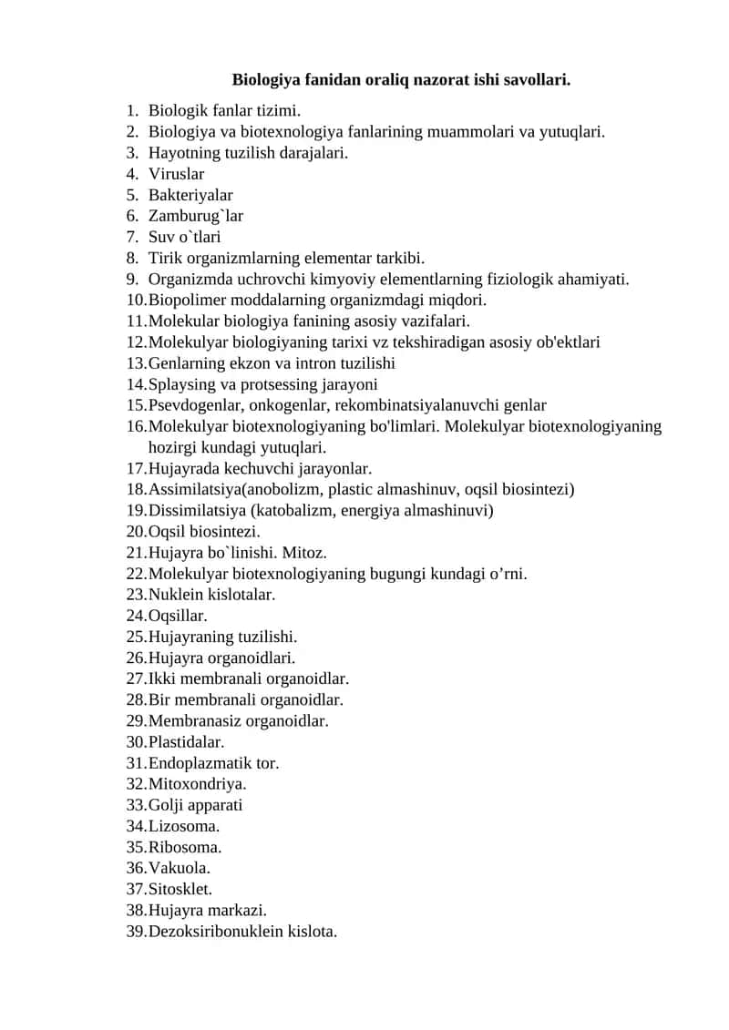 Biologiya fanidan oraliq nazorat ishi savollari