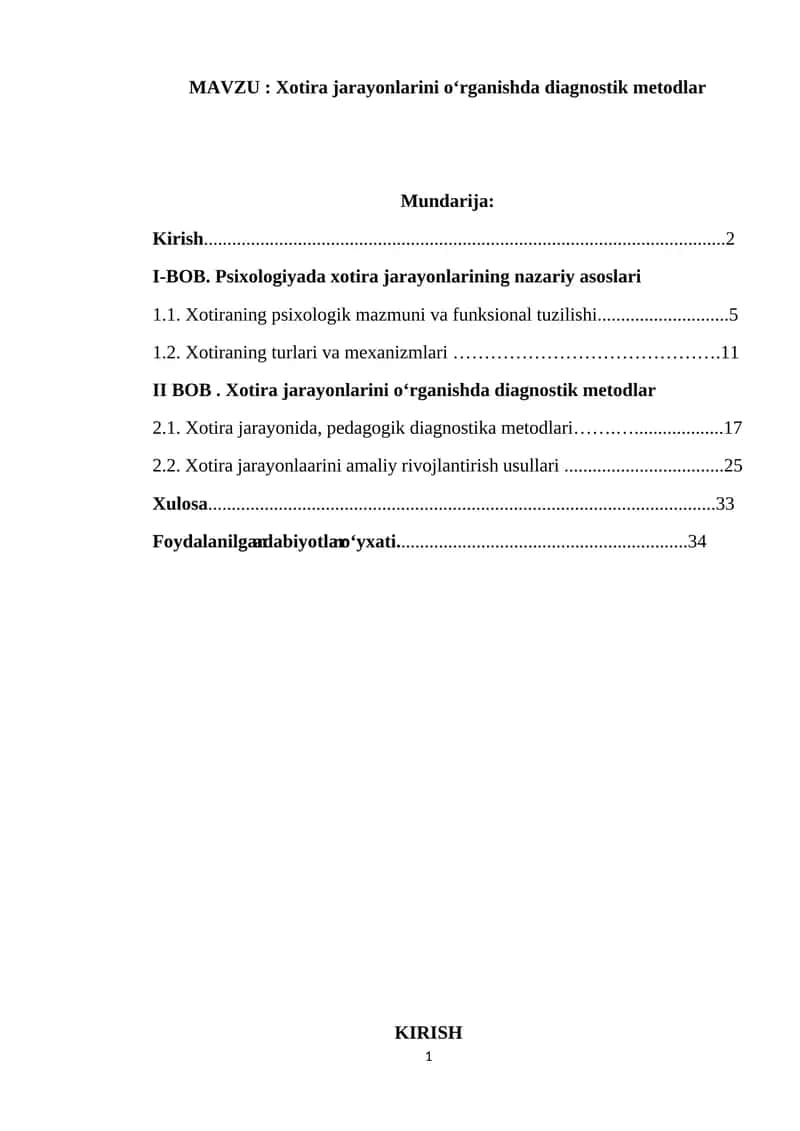 Xotira jarayonlarini oʻrganishda diagnostik metodlar
