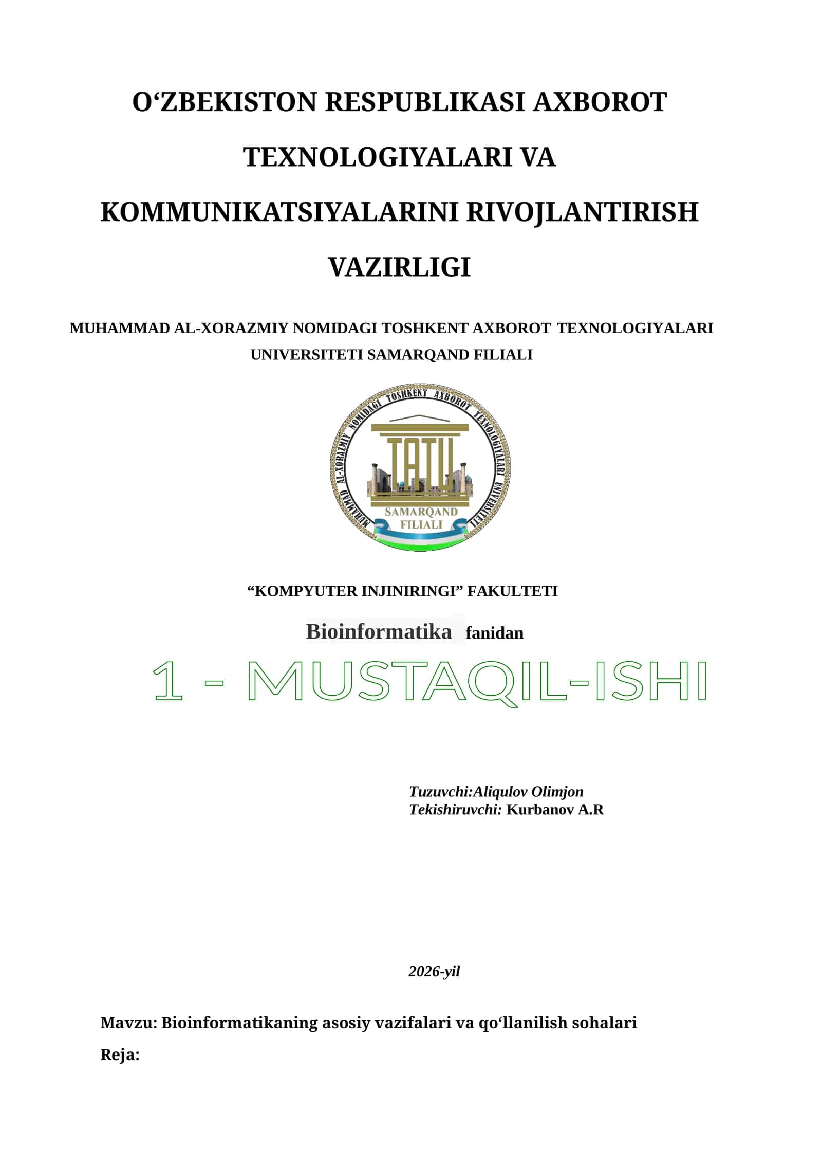 Bioinformatikaning asosiy vazifalari va qo‘llanilish sohalari