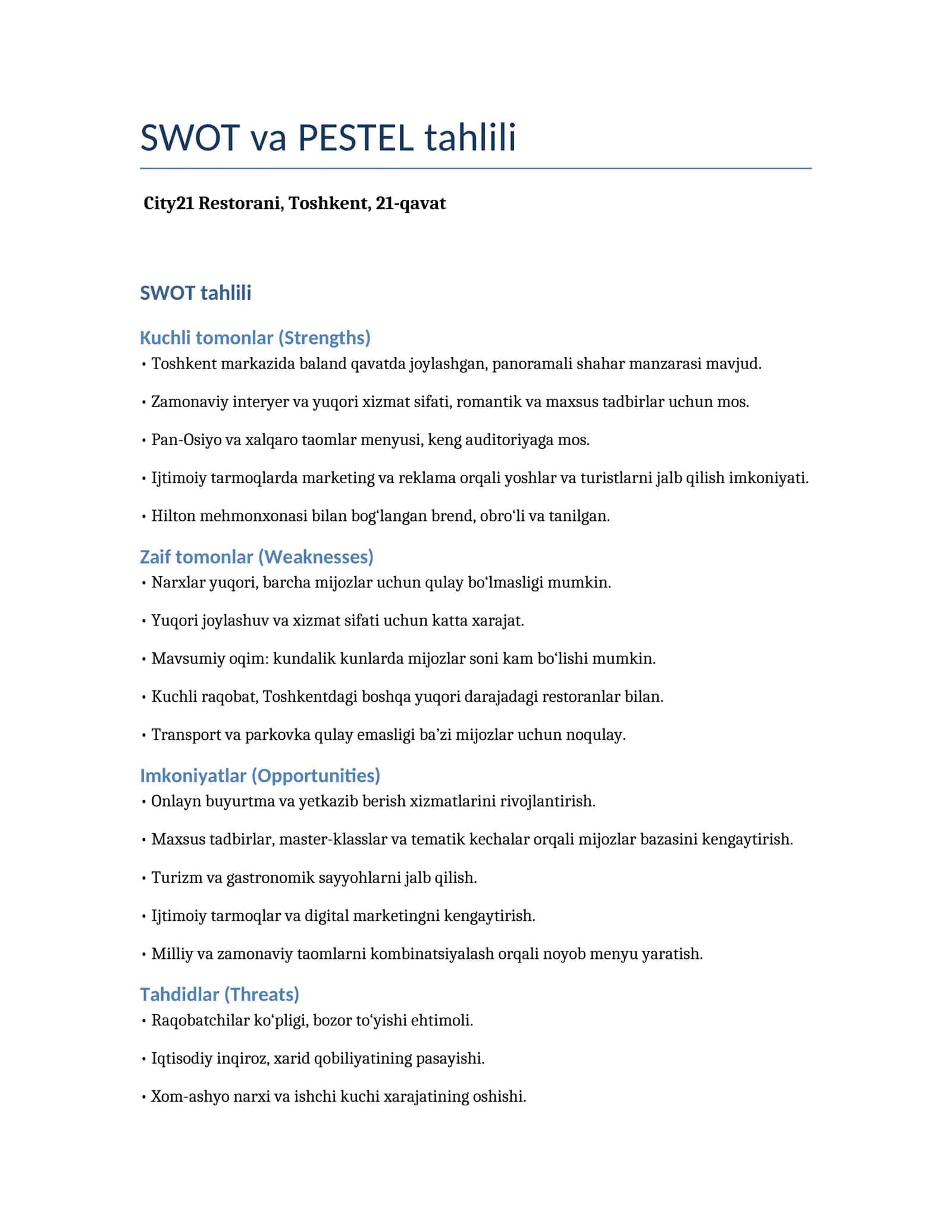 SWOT va PESTEL tahlili