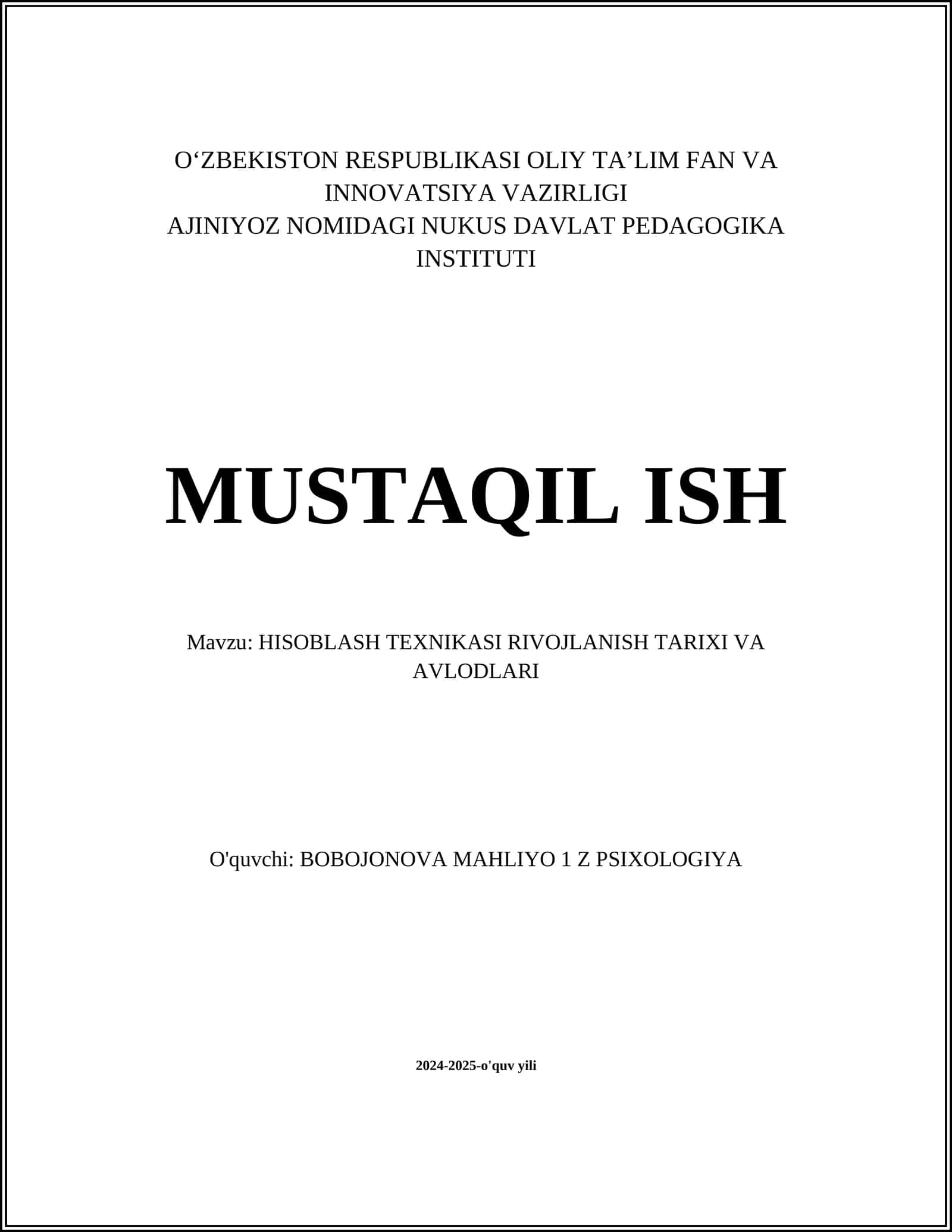 HISOBLASH TEXNIKASI RIVOJLANISH TARIXI VA AVLODLARI