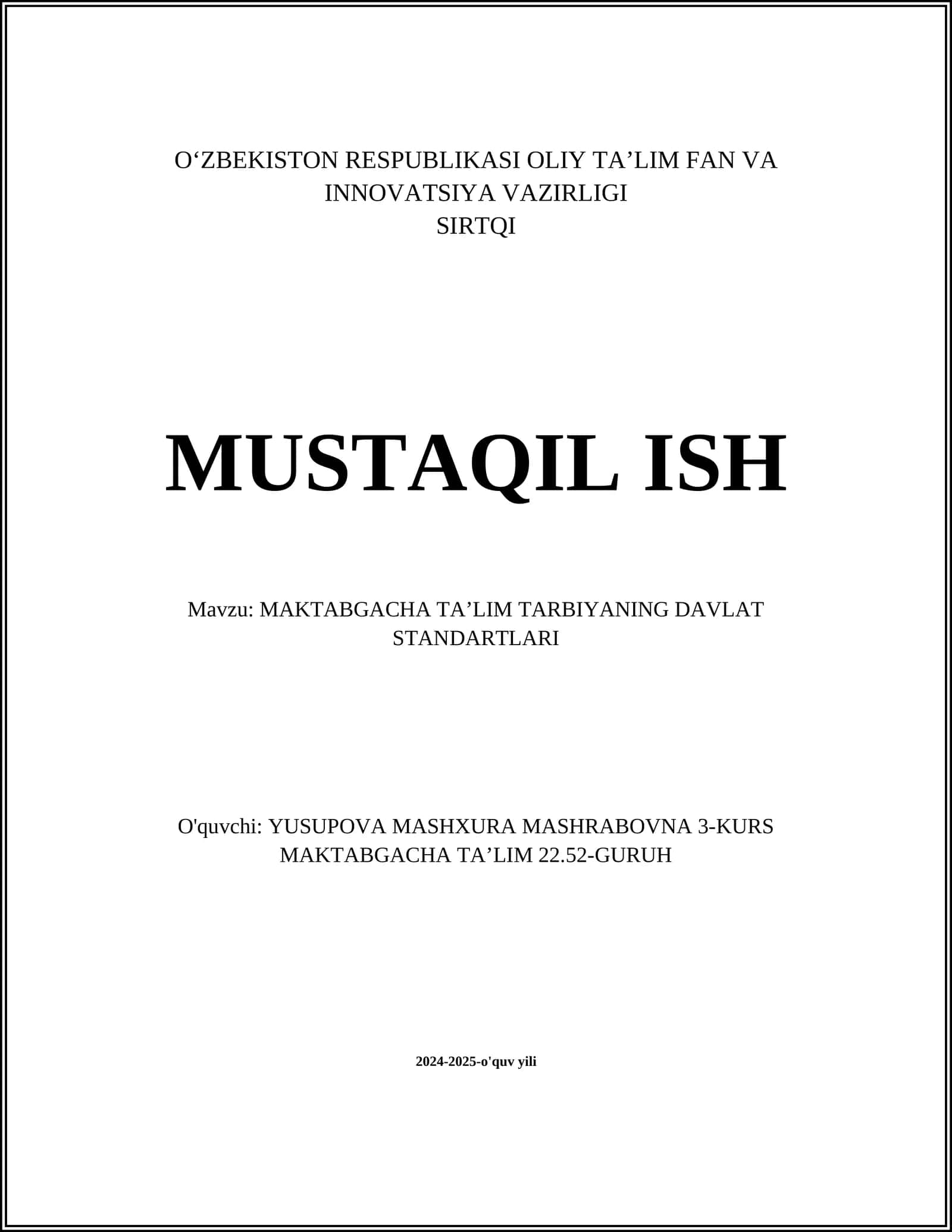 MAKTABGACHA TAʼLIM TARBIYANING DAVLAT STANDARTLARI