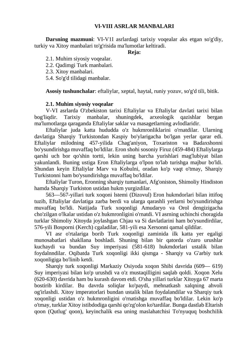Vl-VIII ASRLAR MANBALARI