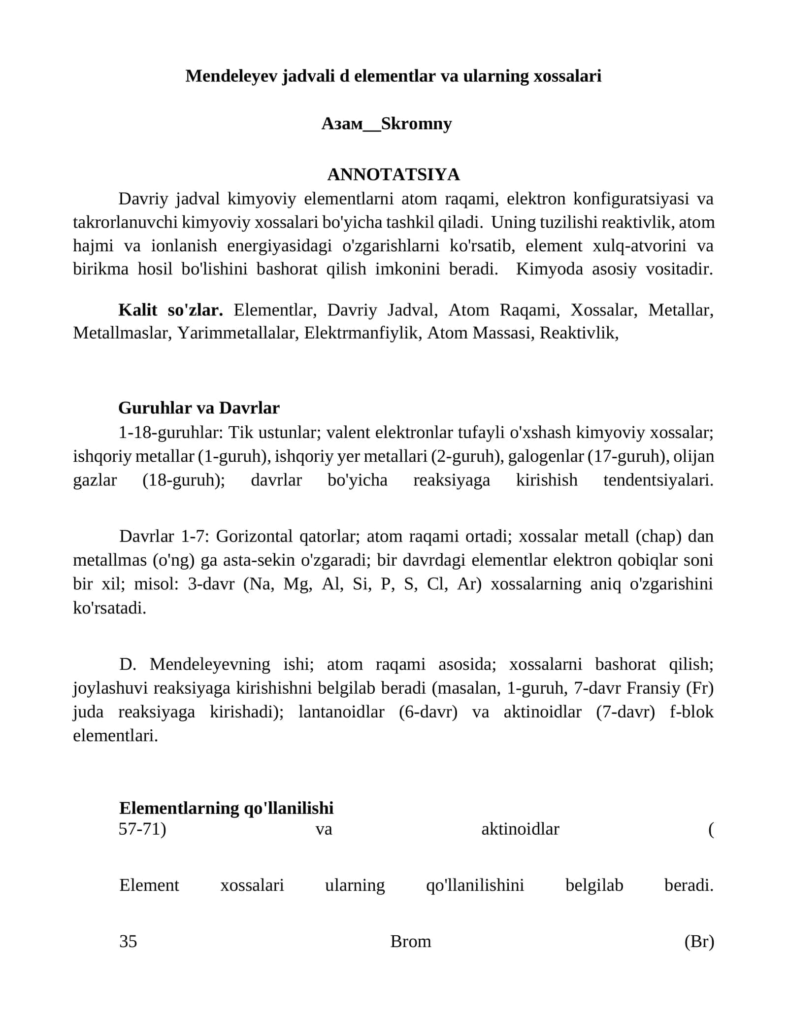 Mendeleyev jadvali d elementlar va ularning xossalari