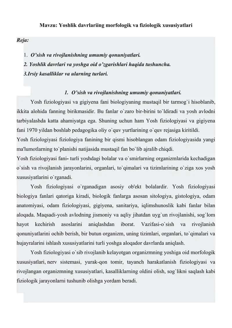 Yoshlik davrlariing morfologik va fiziologik xususiyatlari