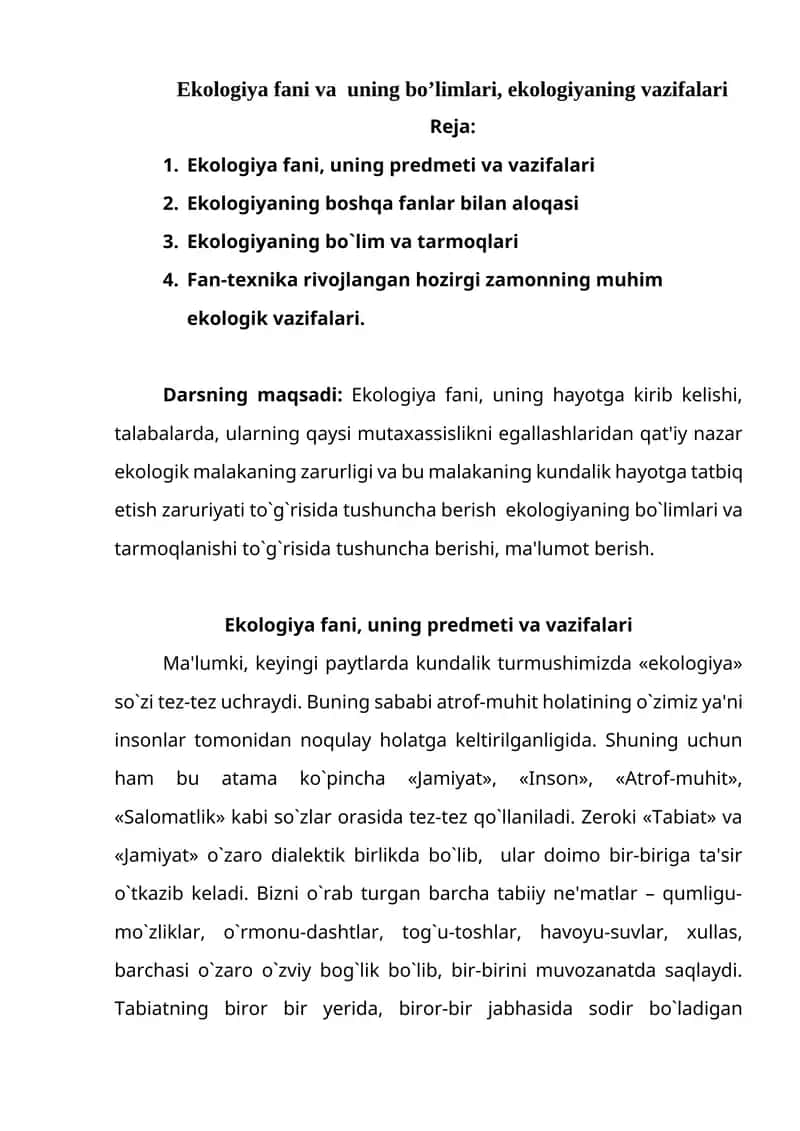 Ekologiya fani va uning bo’limlari