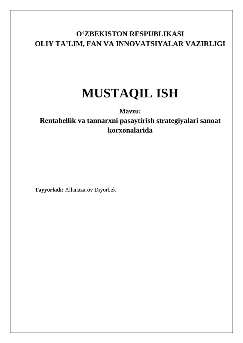 Rentabellik va tannarxni pasaytirish strategiyalari sanoat korxonalarida
