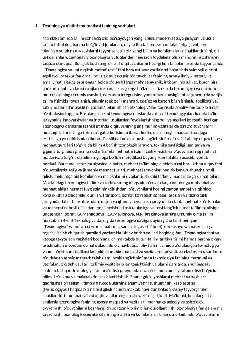 Texnologiya va uni o’qitish metodikasi
