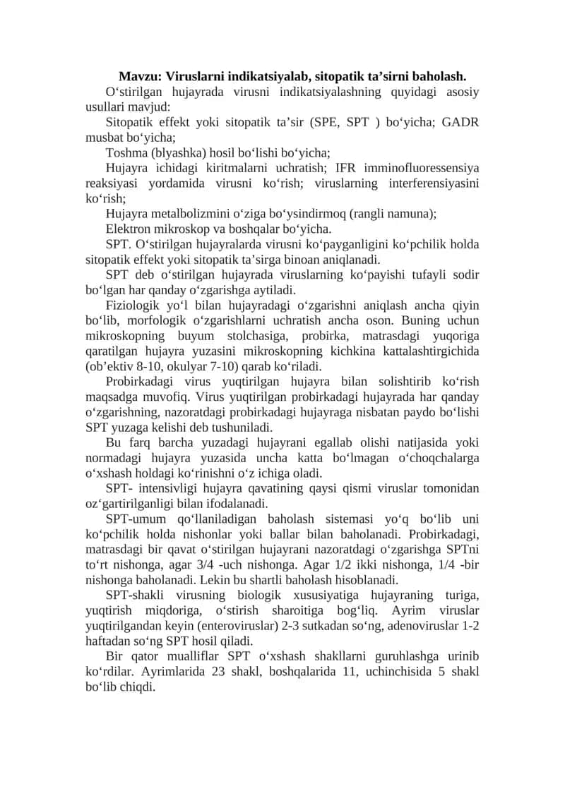 Viruslarni indikatsiyalab, sitopatik ta’sirni baholash