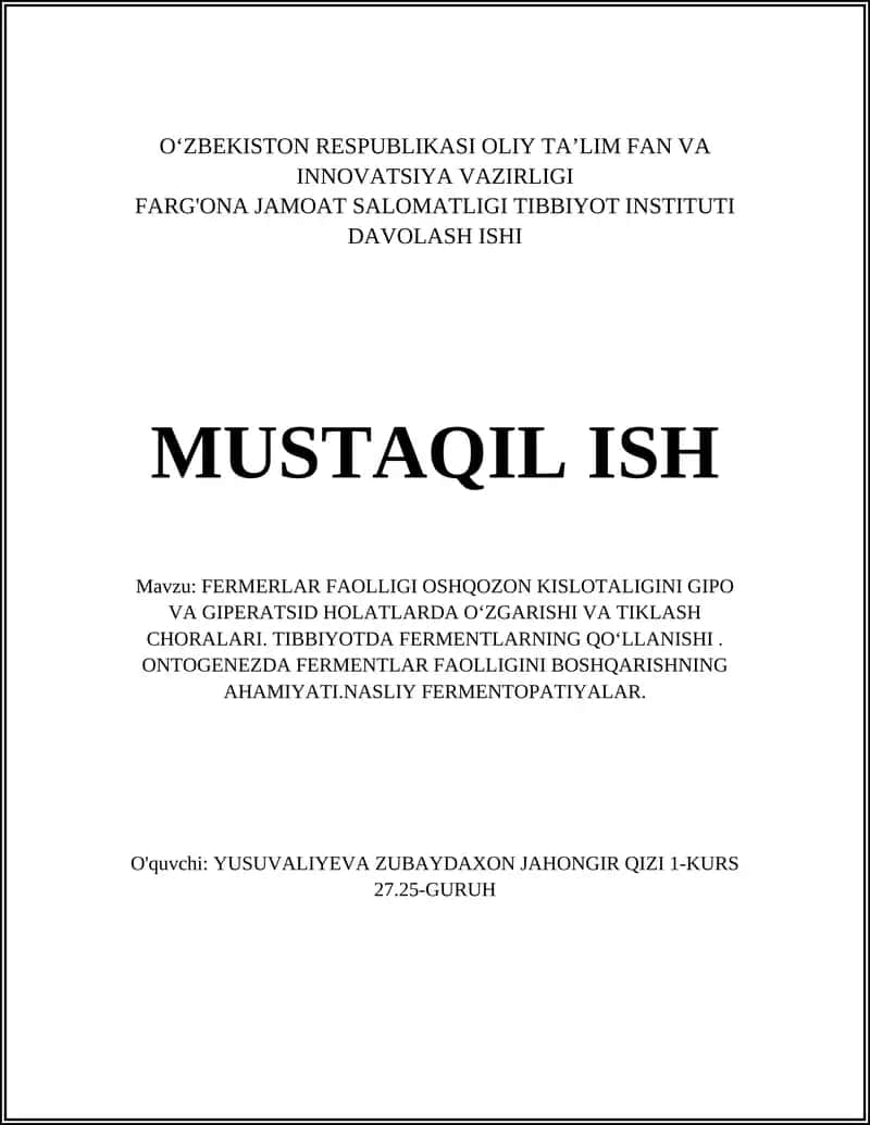 FERMERLAR FAOLLIGI OSHQOZON KISLOTALIGINI GIPO VA GIPERATSID HOLATLARDA OʻZGARISHI VA TIKLASH CHORALARI