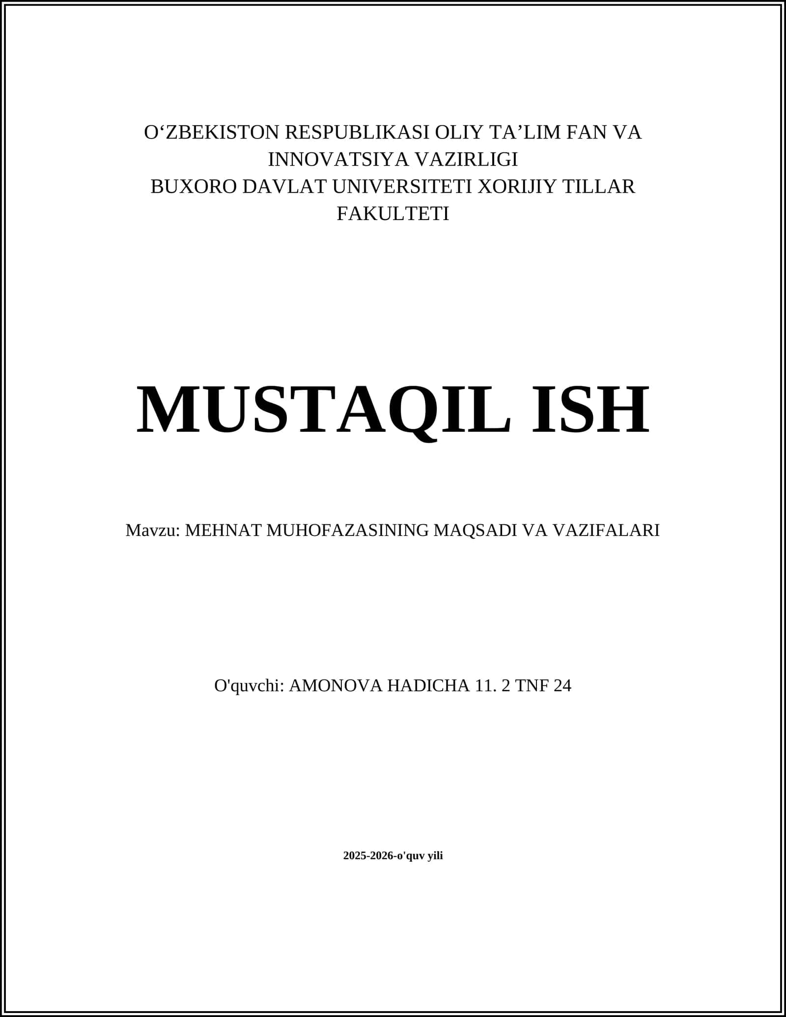 MEHNAT MUHOFAZASINING MAQSADI VA VAZIFALARI