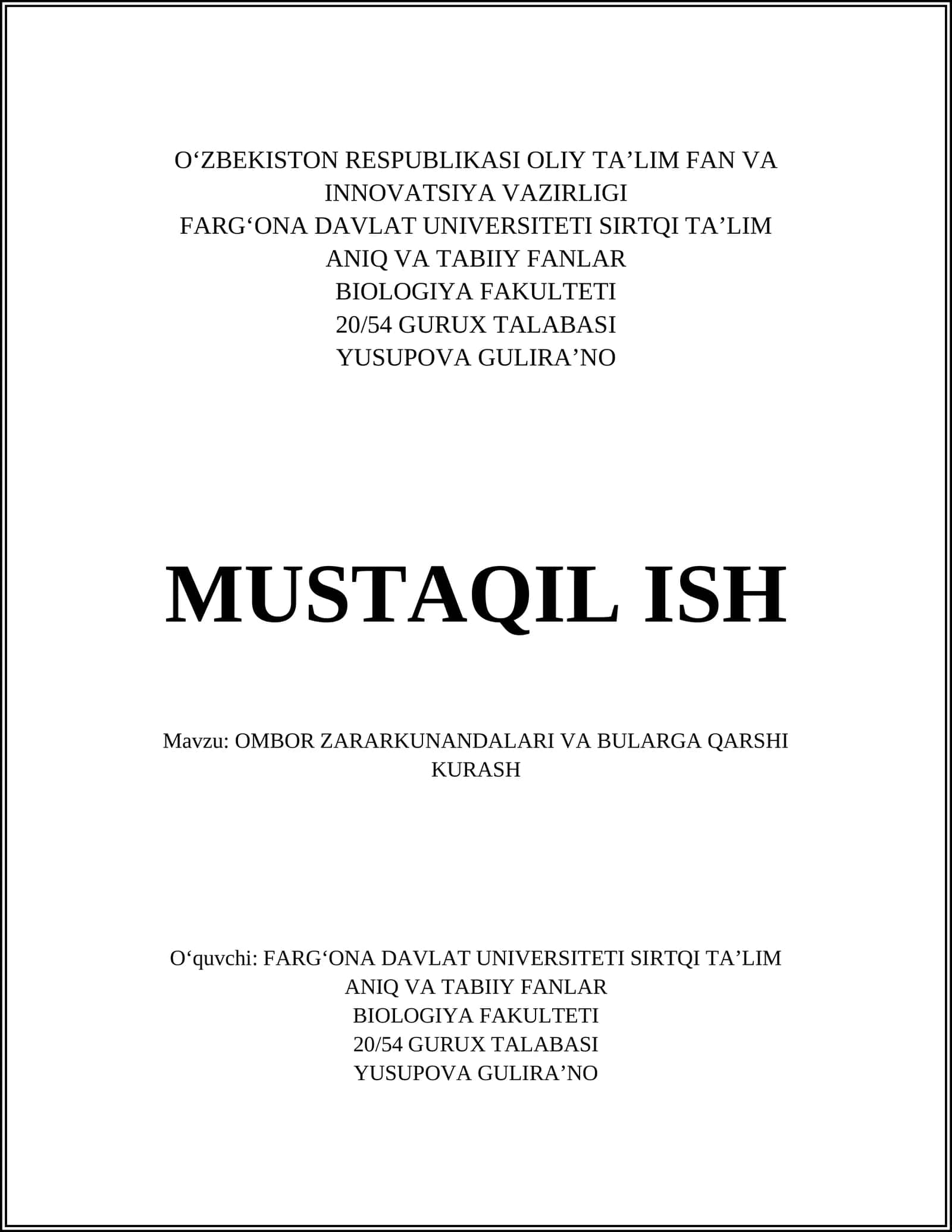 Ombor Zararkunandalari va Bularga Qarshi Kurash