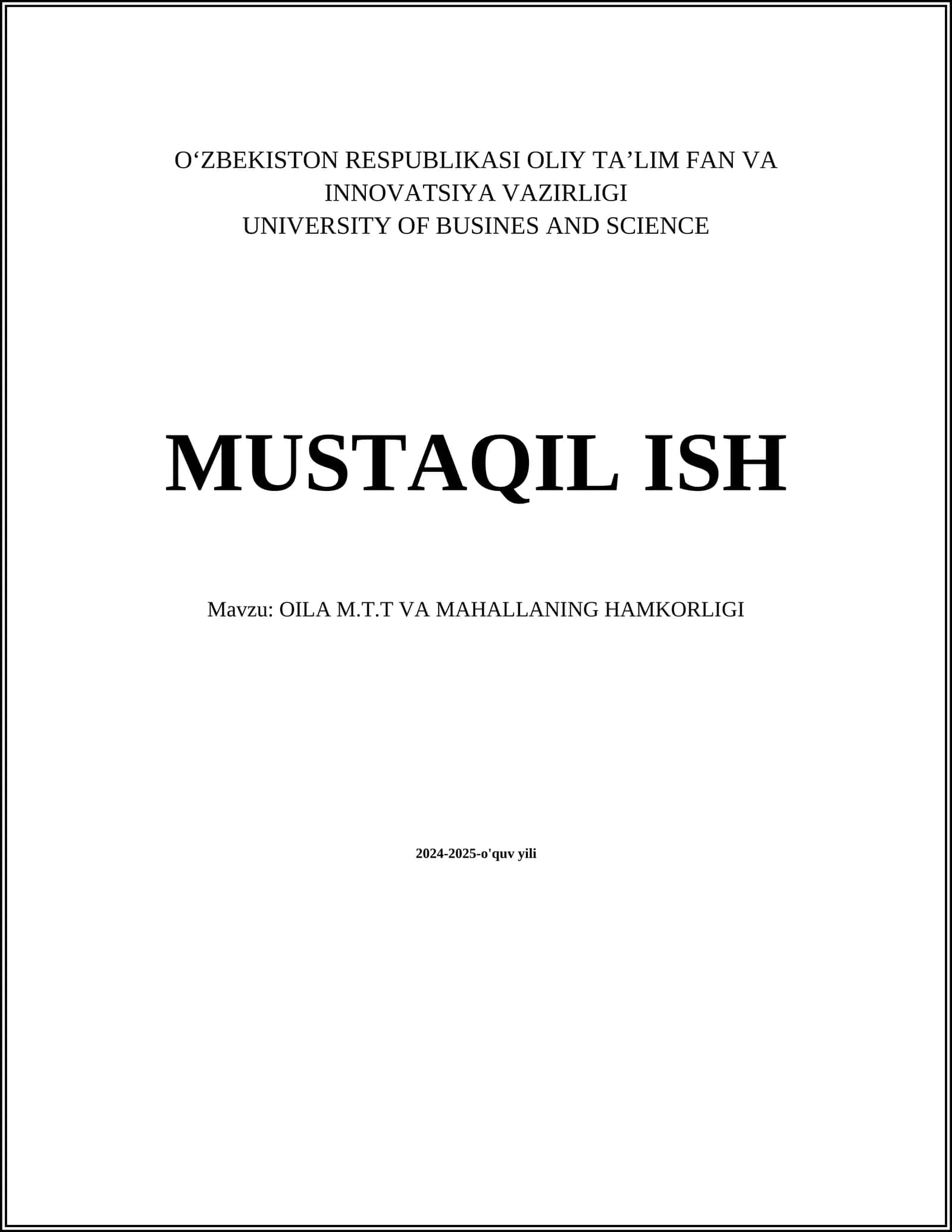 OILA M.T.T VA MAHALLANING HAMKORLIGI