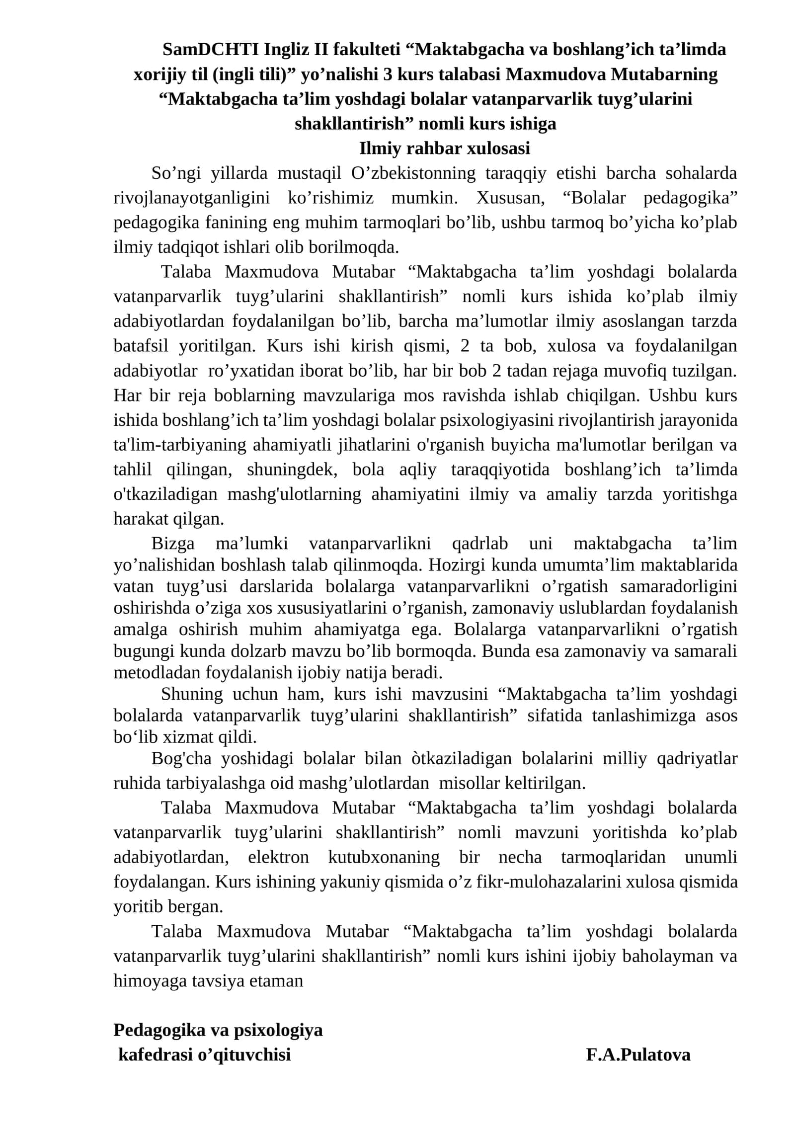 Maktabgacha ta'lim yoshdagi bolalar vatanparvarlik tuyg'ularini shakllantirish