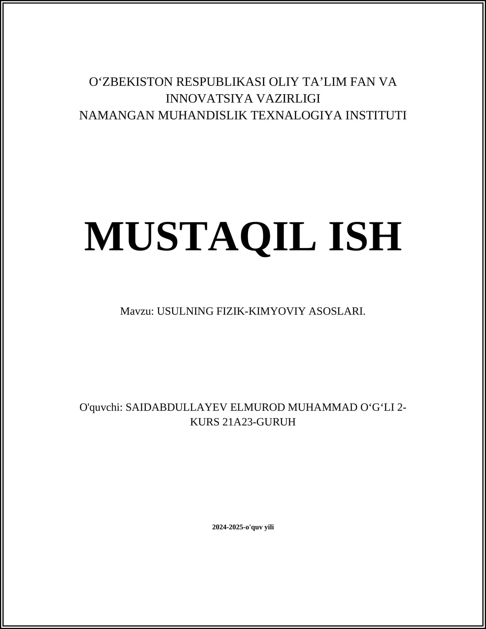 USULNING FIZIK-KIMYOVIY ASOSLARI
