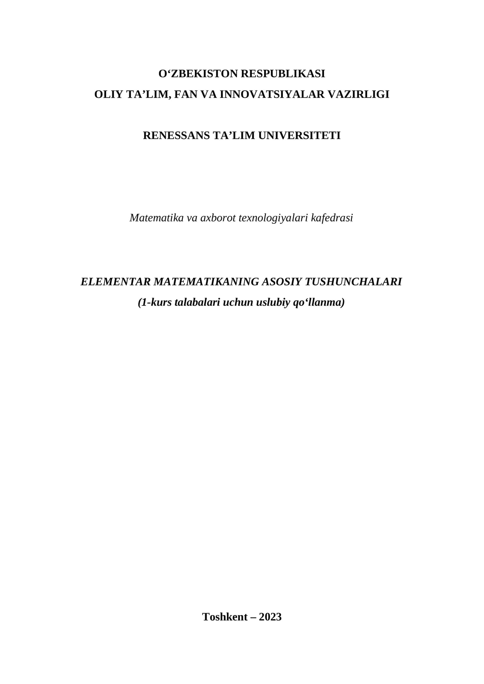 ELEMENTAR MATEMATIKANING ASOSIY TUSHUNCHALARI (1-kurs talabalari uchun uslubiy qoʻllanma)