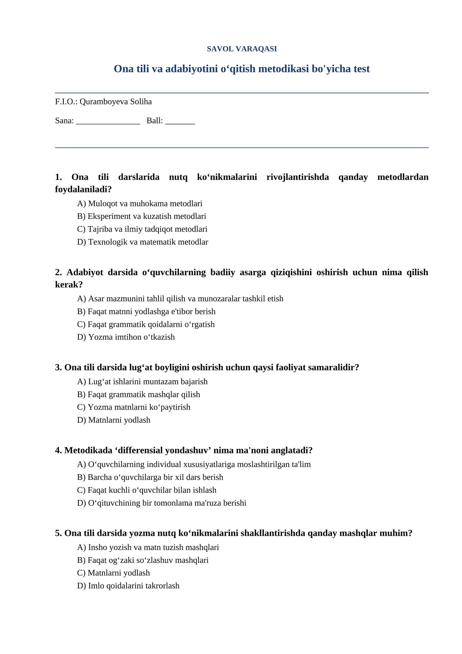 Ona tili va adabiyotini oʻqitish metodikasi bo'yicha test