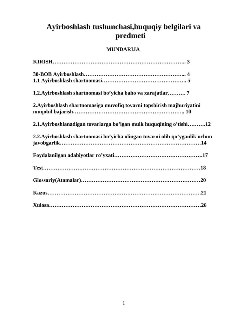 Ayirboshlash tushunchasi,huquqiy belgilari va predmeti