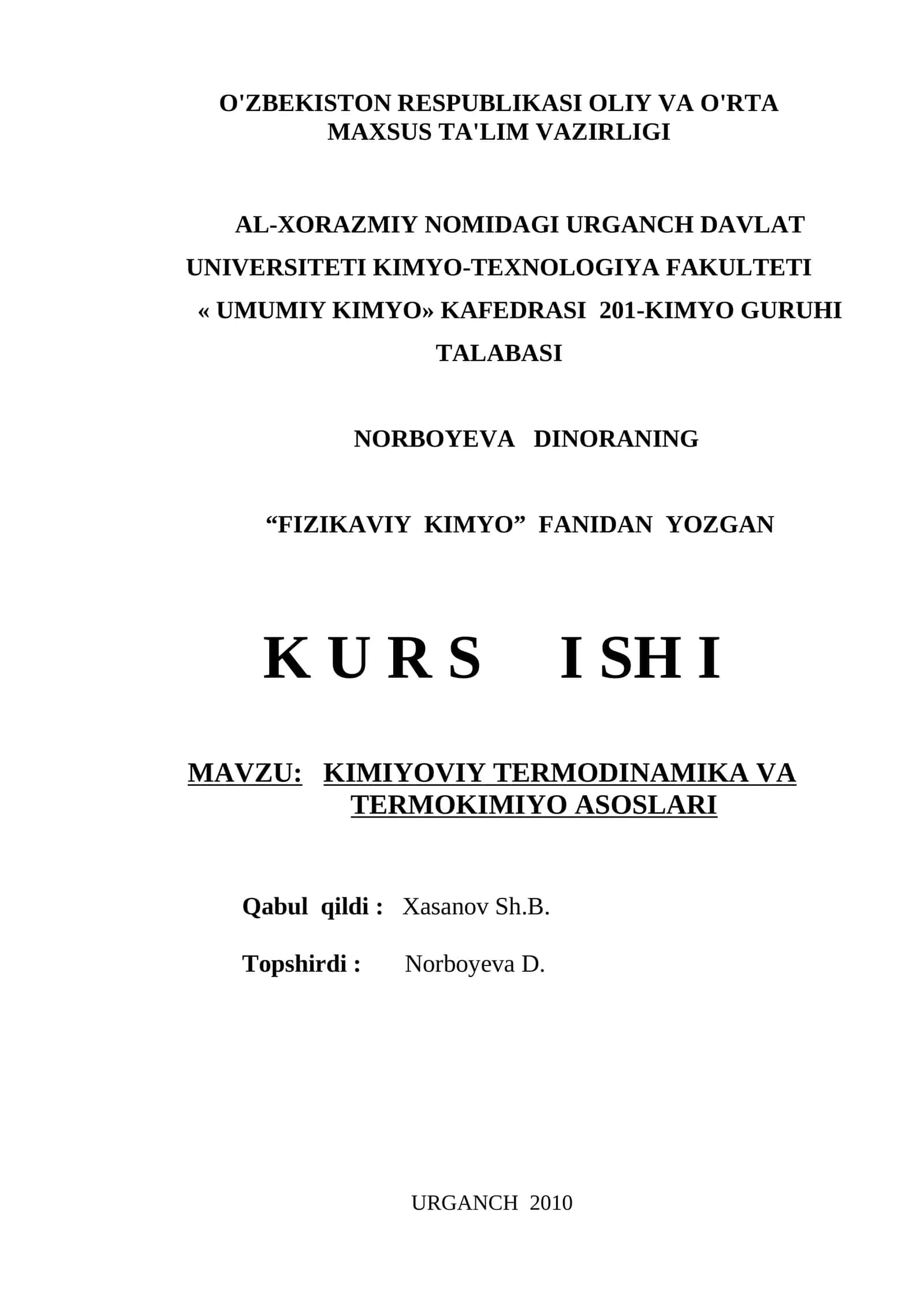 Kimiyoviy Termodinamika va Termokimiyo Asoslari