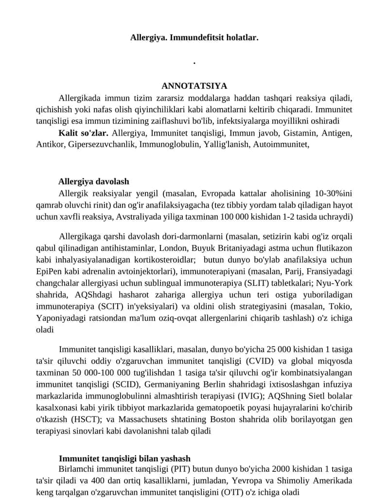 Allergiya. Immundefitsit holatlar.