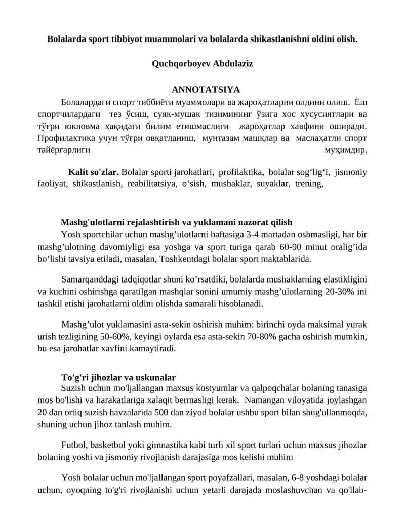 Bolalarda sport tibbiyot muammolari va bolalarda shikastlanishni oldini olish